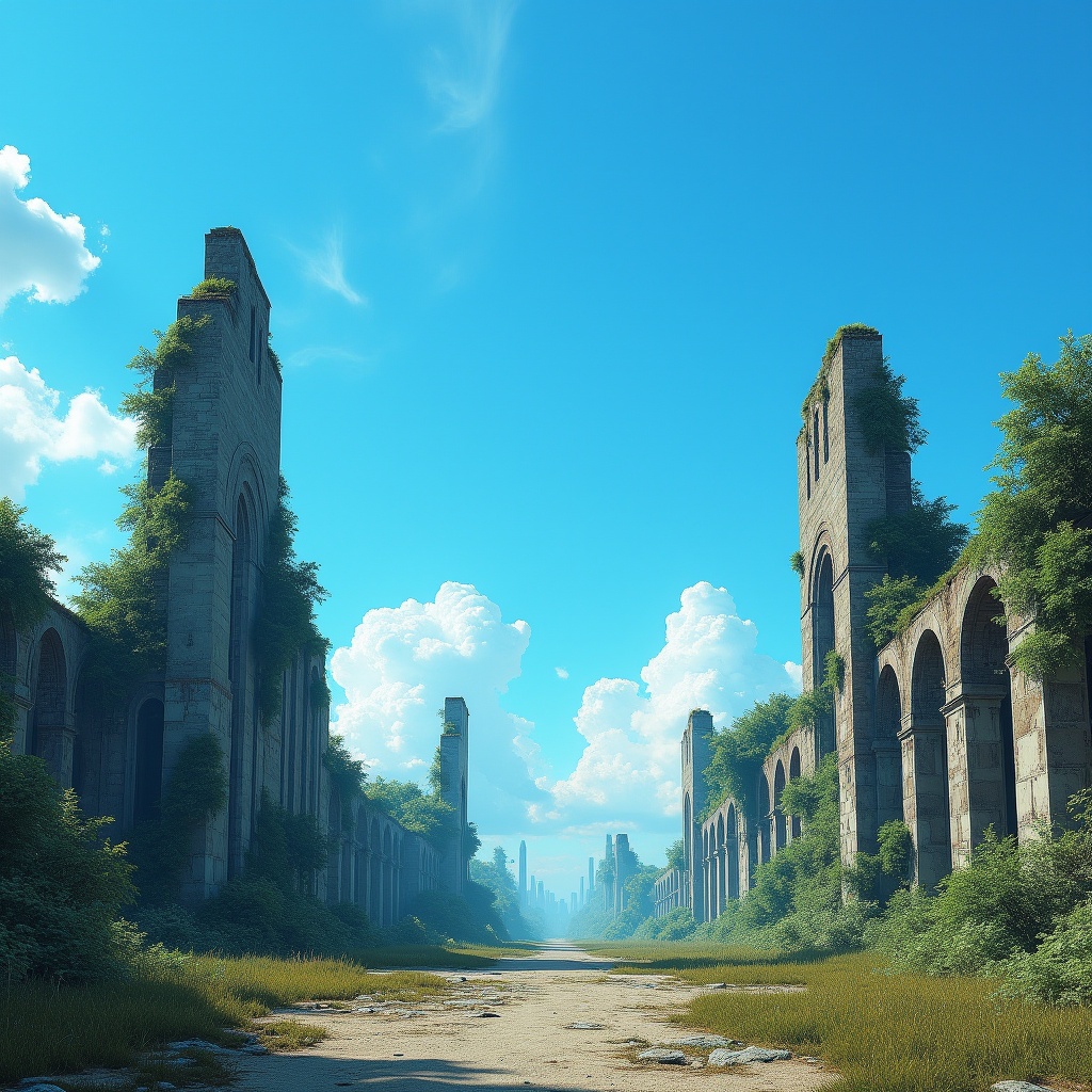 A desolate,  post-apocalyptic landscape unfolds before a brilliant blue sky,  devoid of any human presence. Ancient on Ten...