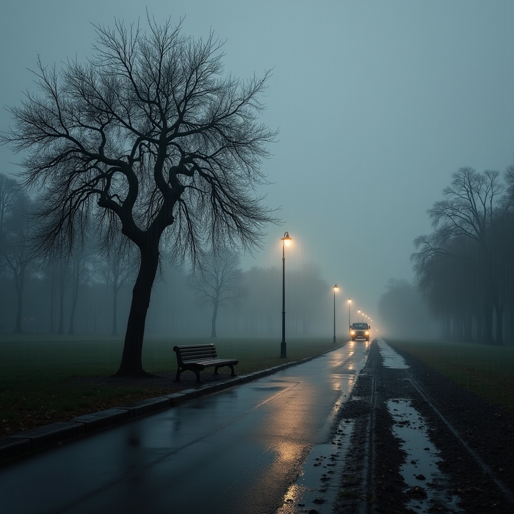 A gray sky weeps tears of rain as a solitary lamppost stands guard over a deserted park. A tree's branches stretch towards...