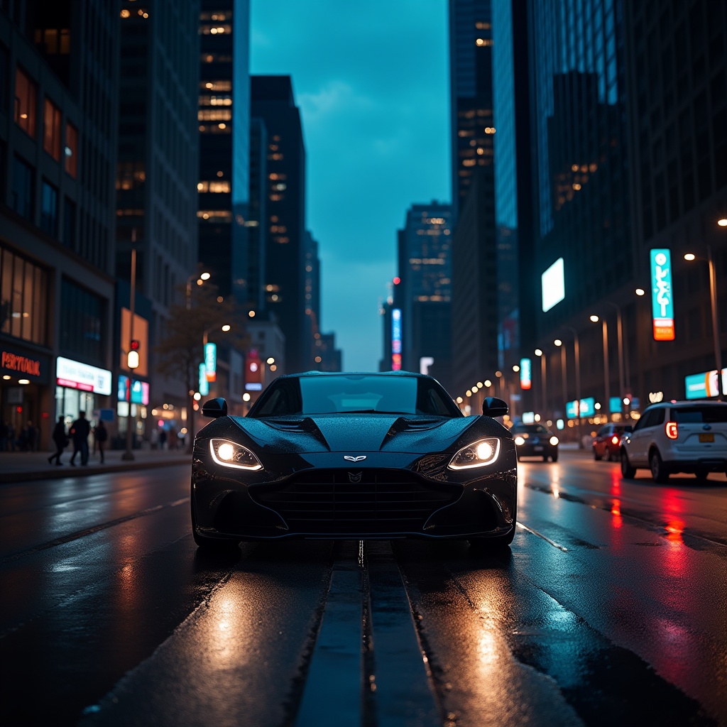 A nocturnal cityscape at dusk: a sleek black car,  its headlights casting a warm glow on the asphalt road,  navigates thro...