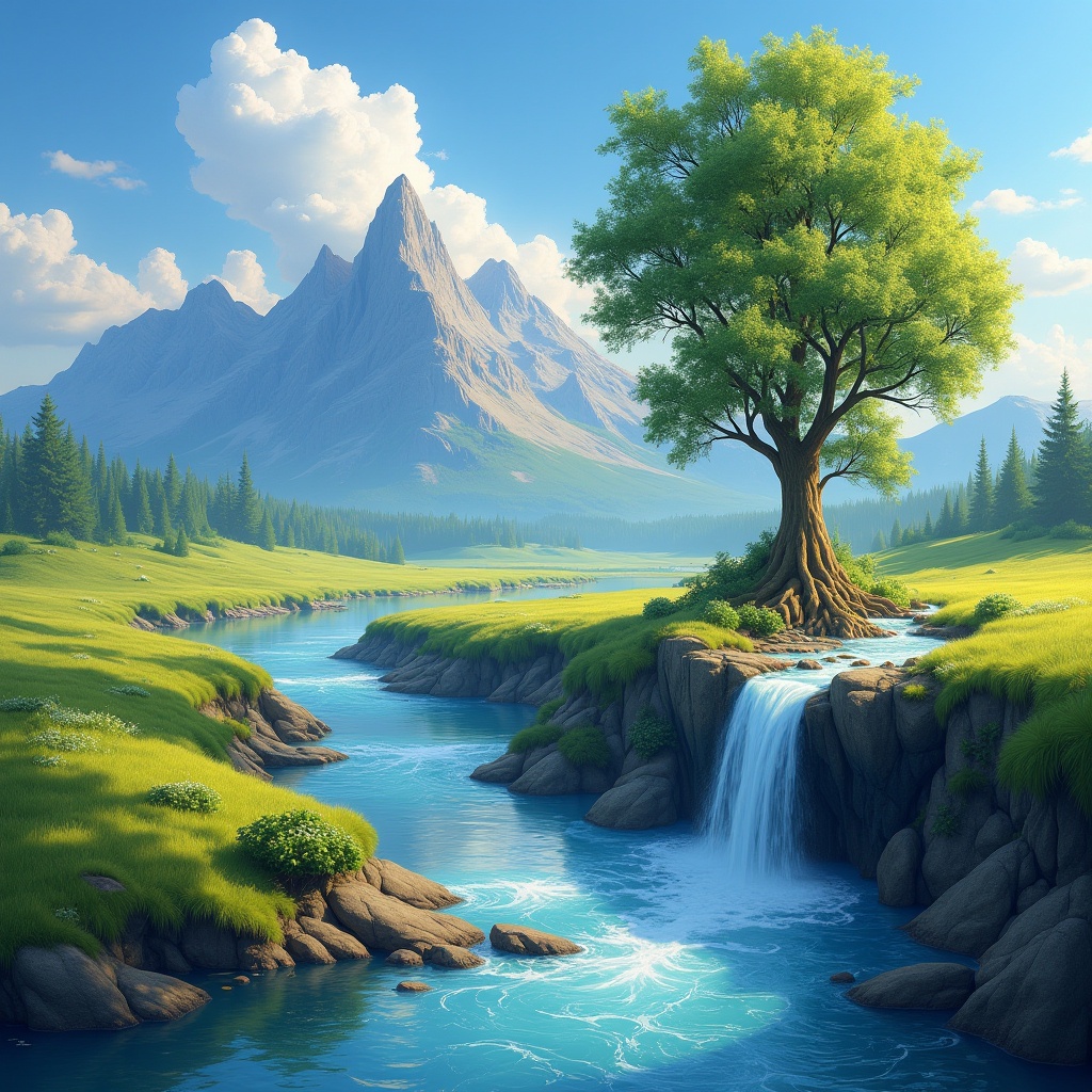 A serene outdoor scene: a majestic mountain range rises from the lush green grass,  with a tranquil river flowing gently t...