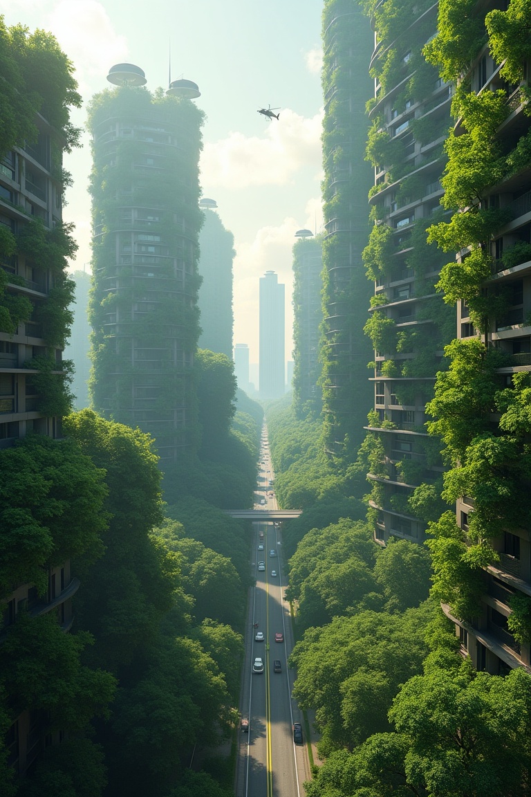 A very advanced city of the future,  tall buildings everywhere,  Each building is covered with climbing plants which make...