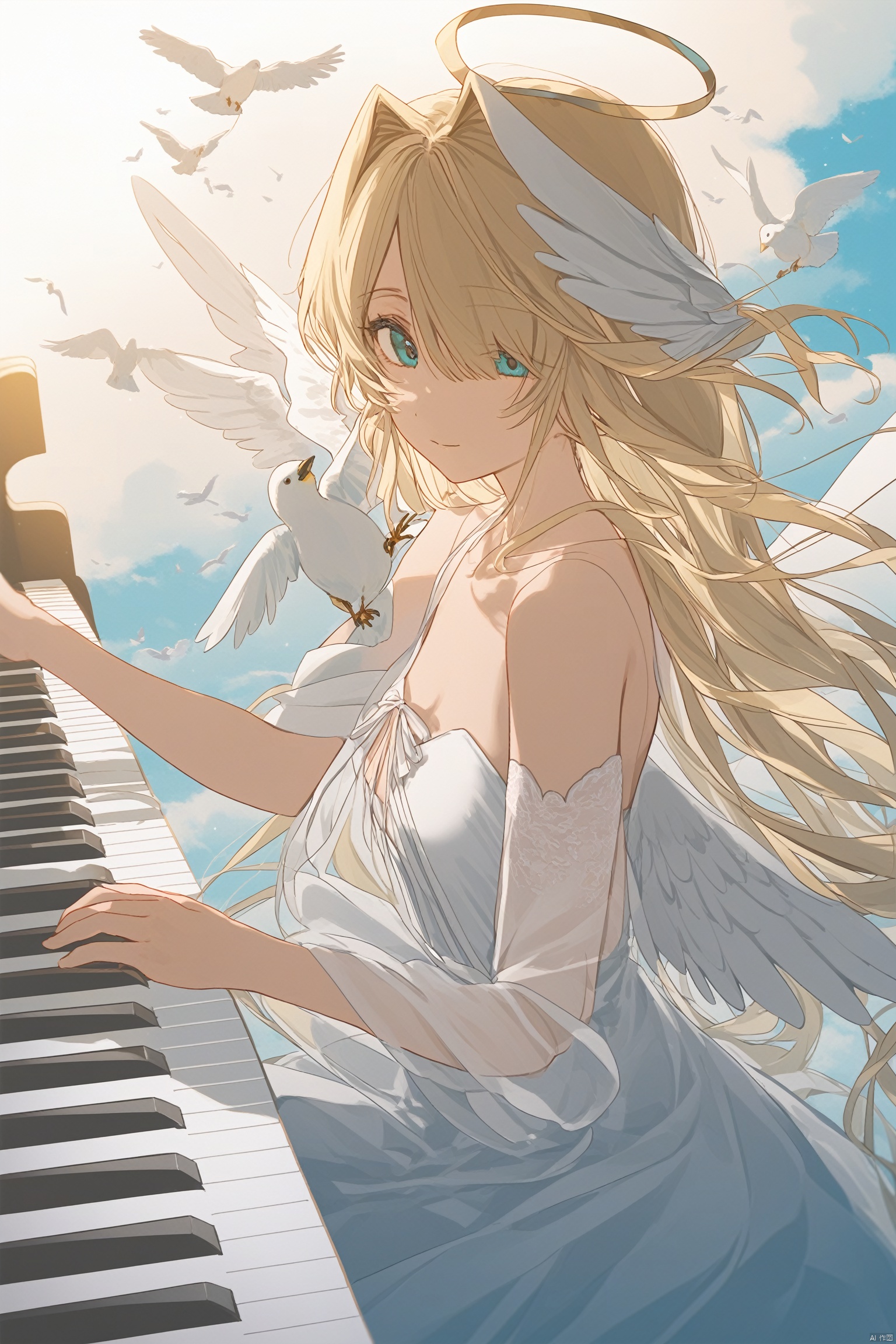 1girl, solo, long hair, looking at viewer, blue eyes, blonde hair, dress, bare shoulders, upper body, wings, hand up, white dress, hair over one eye, from side, aqua eyes, bird, , feathered wings, angel wings, white wings, angel, piano, dove,cloud,on the sky