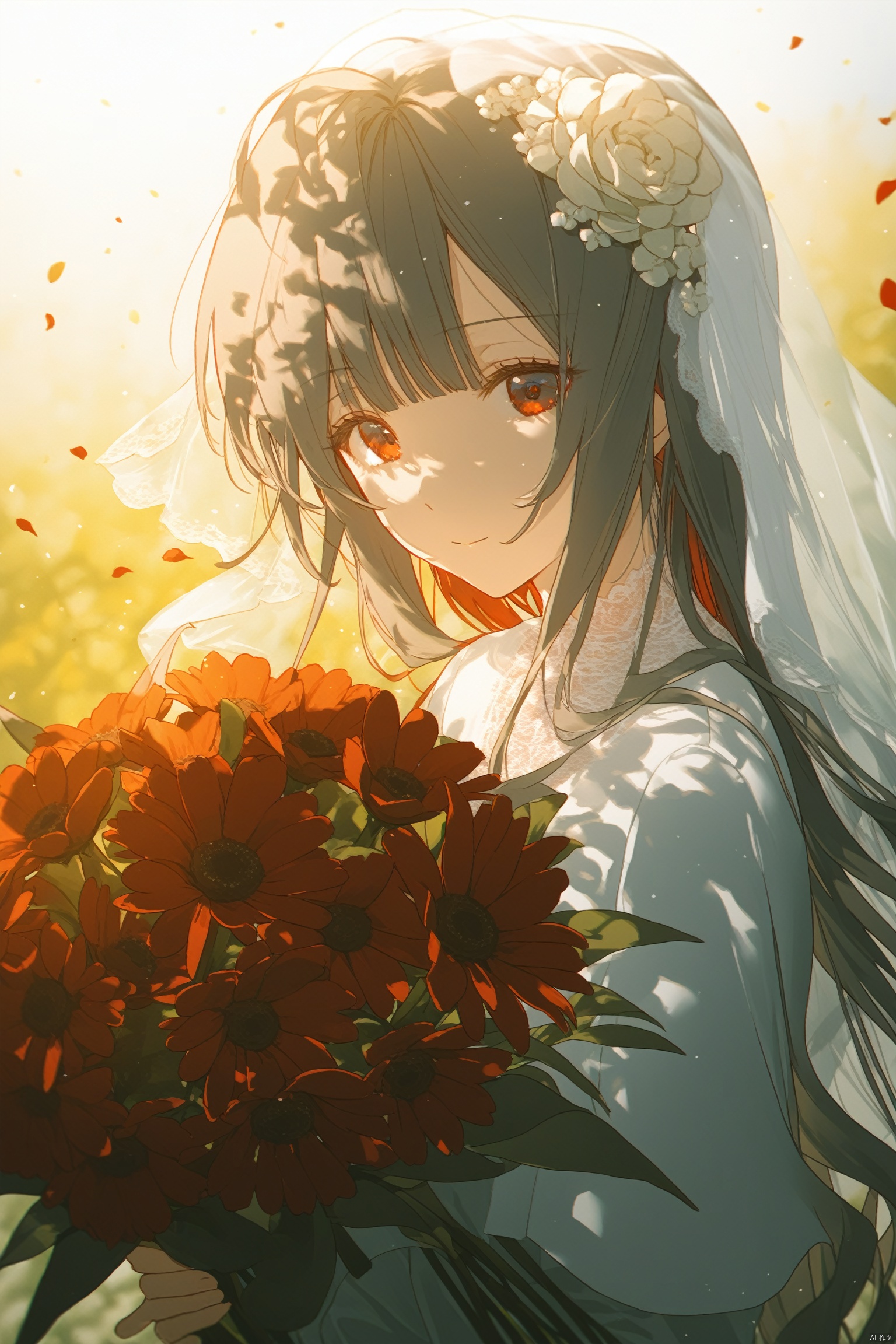 1girl,solo,long hair,looking at viewer,bangs,shirt,hair ornament,red eyes,long sleeves,ribbon,holding,closed mouth,white shirt,upper body,flower,grey hair,hair flower,white flower,red flower,veil,bouquet,holding flower,chromatic aberration,bridal veil,holding bouquet,