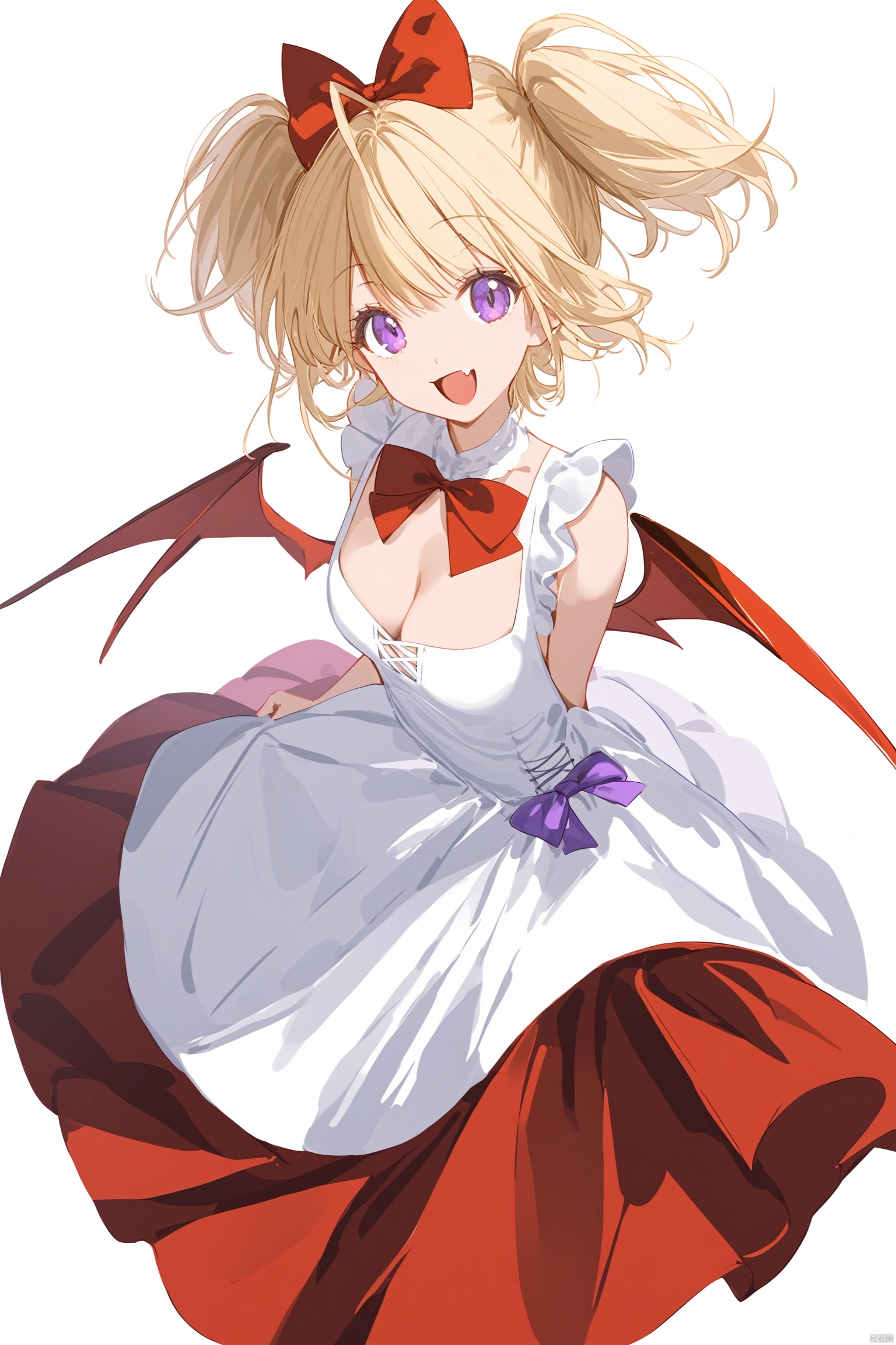 1girl, solo, breasts, looking at viewer, smile, short hair, open mouth, blonde hair, simple background, white background, dress, bow, cleavage, purple eyes, :d, hair bow, wings, fang, white dress, red wings