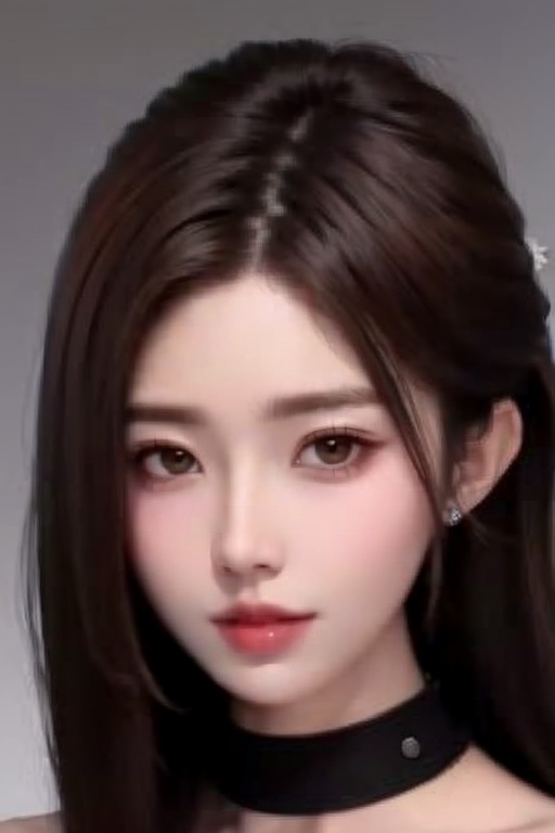 1girl solo brown hair closed mouth grey background collar lips realistic ,  beauty,  yui on Tensor.Art