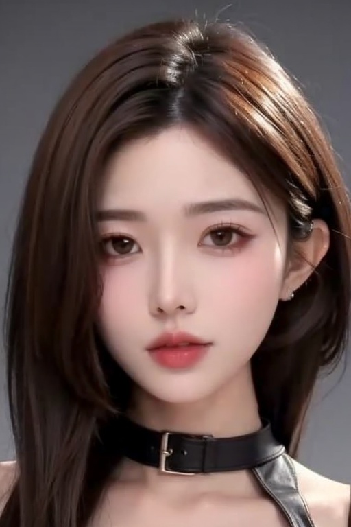 1girl solo brown hair closed mouth grey background collar lips realistic ,  beauty,  yui on Tensor.Art