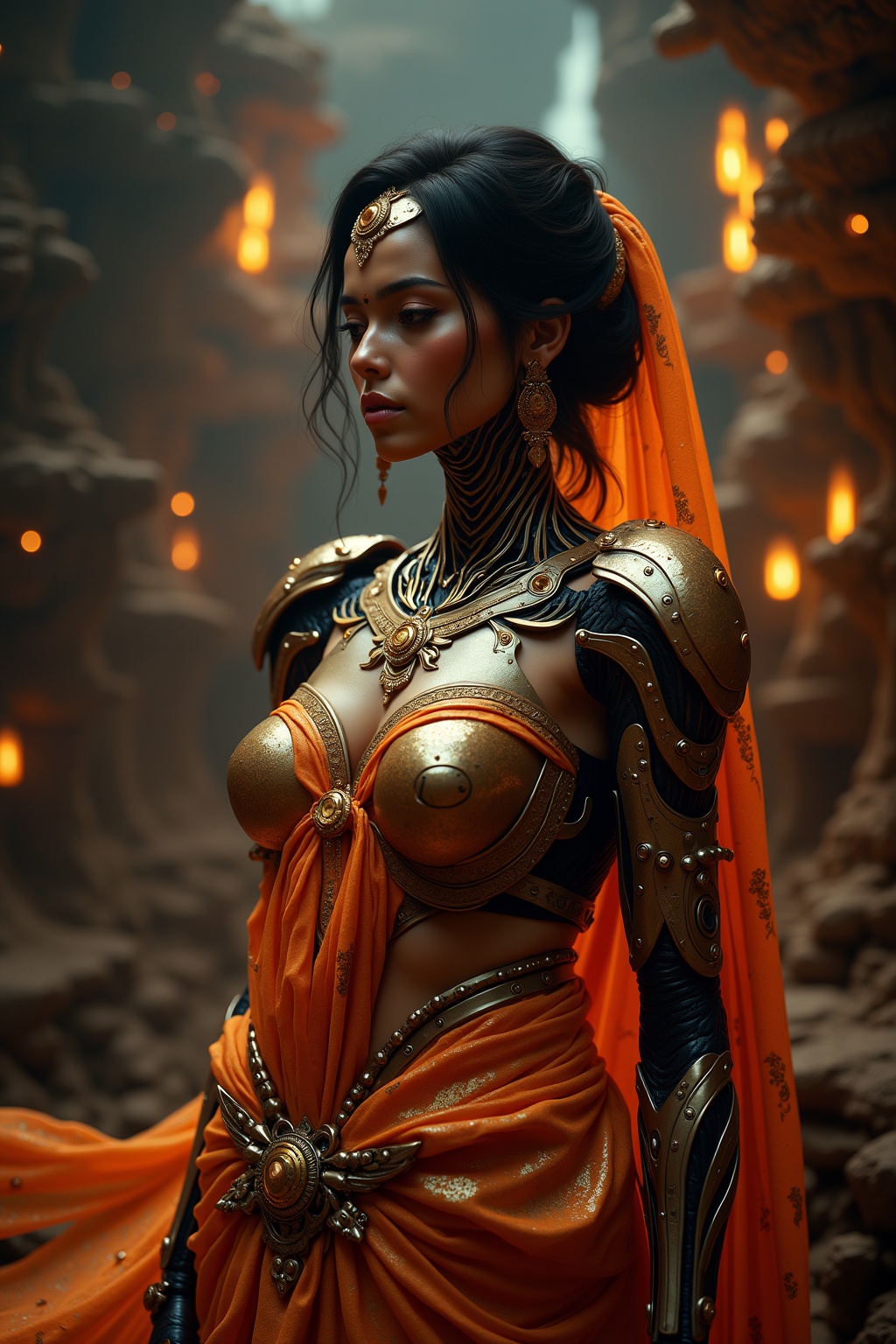 A beautiful Indian cyborg woman,  cyborg armour,  android body on Tensor.Art