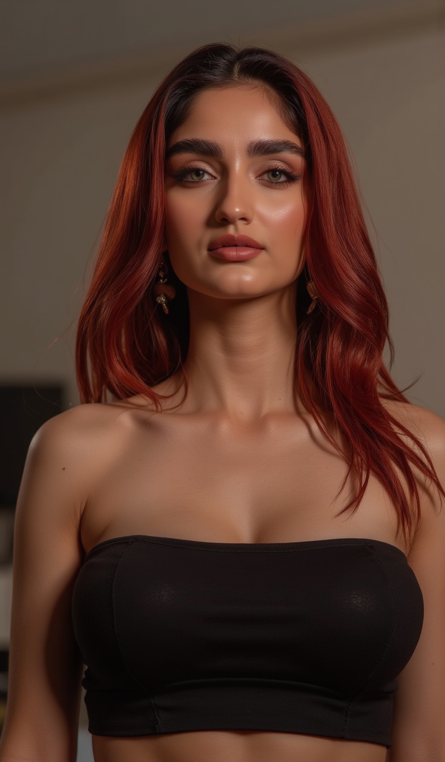 Mallu beauty, sfw, cleavage cutout:1, closeup view, masterpiece, high quality, Les cloth, navel, midriff exposed, hyper-realistic photography captured with the best camera, 3D, HDR, high definition, pore and detailed, intricate detailed, volumetric lights, cinematic lighting, vibrant color, cool actress, beautiful woman, 22 years old, sexy sfw, smirk, red hair, casual tight cotton clothing, hourglass body, luxury home,  wide hips, wide hips, wide hips, nice ass, thigh gap, crotch gap, crotch gap, photorealistic photo, huge size natural breasts, full body shot, head to thigh view, looking at viewer, (((thick, curvy body, big breasts))), fair smooth skin, in the style of jclive9988