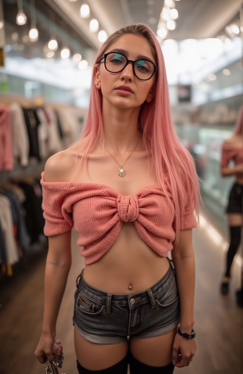 A solo girl with pink hair and medium breasts looks directly at the viewer from a cowboy shot indoors. She's wearing a black miniskirt and thighhighs, her collarbone and navel visible. A necklace and earrings adorn her neck. Her parted lips are emphasized as she holds a bag, with a blurry background to focus attention on her. The overall style is realistic, with a focus on shopping, showcasing her bare shoulders and navel. She's wearing denim shorts and an off-the-shoulder pink shirt, with a small mole visible above her lips. The overall style is realistic, with a focus on casual fashion featuring short shorts,