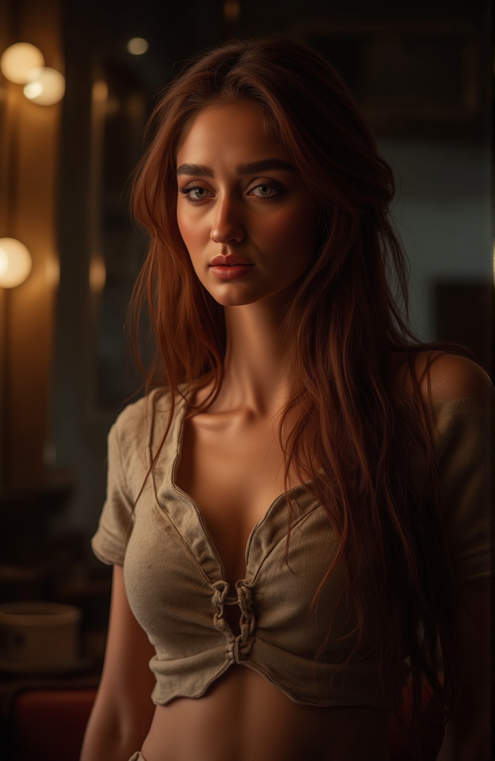 Indian beauty, sfw, cleavage, closeup view, masterpiece, high quality, hyper-realistic photography captured with the best camera, 3D, HDR, high definition, pore and detailed, intricate detailed, volumetric lights, cinematic lighting, vibrant color, cool actress, beautiful woman, 45 years old, sexy sfw, smirk, red hair, casual tight cotton clothing, hourglass body, luxury home,  wide hips, wide hips, wide hips, nice ass, thigh gap, crotch gap, crotch gap, photorealistic photo, huge size natural breasts, full body shot, head to thigh view, looking at viewer, (((thick, curvy body, big breasts))), 

A beautiful women, cinematic angle, (cinematic shadows, bokeh, depth of field:1.3) , (High detail RAW Photo), (extremely detailed skin, midriff exposed, navel, cleavage, sexy, photorealistic, heavy shadow, dramatic and cinematic lighting, key light, fill light), sharp focus, cinematic, imperfect skin, fabrics, textures, detailed face, detailed skin, detailed fingers, NaturalHand2-3500, analog film photo Deep photo,depth of field,ferrania p30 film,shadows, perfect face and body, dimly lit, nervous, harsh camera flash, faded film, desaturated, 35mm photo, grainy, Kodachrome, Lomography, stained, highly detailed, found footage,, (black hair,
A flapper girl stands poised in a smokey atmosphere, bathed in ethereal light that accentuates her stunning features. Her fair skin glows under cinematic lighting, as she gazes directly into the camera with perfect eyes and a beautiful nose. Her Drill Spring-inspired hairstyle is perfectly coiffed, framing her face. The background is a masterpiece of art deco design, with intricate details and complex patterns that seem to leap off the screen in hyper-maximalist fashion. The subject's full-body is dressed in elaborate attire, with detailed decoration and lines that exude opulence. In stunning HDR and UHD, this unreal engine creation pops with gorgeous light and shadow.,