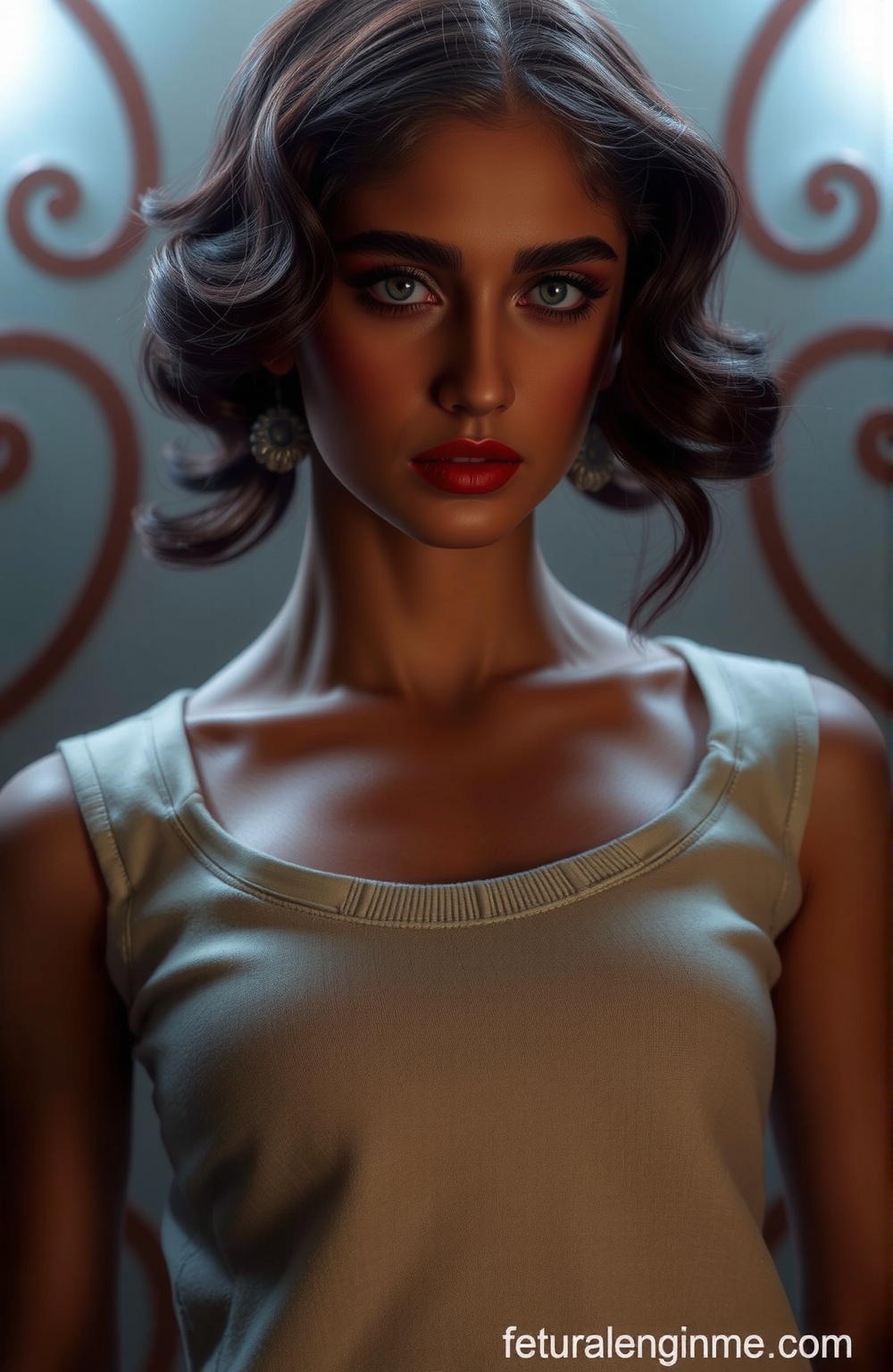 Indian beauty, sfw, cleavage, closeup view, masterpiece, high quality, hyper-realistic photography captured with the best camera, 3D, HDR, high definition, pore and detailed, intricate detailed, volumetric lights, cinematic lighting, vibrant color, cool actress, beautiful woman, 25 years old, sexy sfw, smirk, red hair, casual tight cotton clothing, hourglass body, luxury home,  wide hips, wide hips, wide hips, nice ass, thigh gap, crotch gap, crotch gap, photorealistic photo, huge size natural breasts, full body shot, head to thigh view, looking at viewer, (((thick, curvy body, big breasts))), 

A beautiful women, cinematic angle, (cinematic shadows, bokeh, depth of field:1.3) , (High detail RAW Photo), (extremely detailed skin, midriff exposed, navel, cleavage, sexy, photorealistic, heavy shadow, dramatic and cinematic lighting, key light, fill light), sharp focus, cinematic, imperfect skin, fabrics, textures, detailed face, detailed skin, detailed fingers, NaturalHand2-3500, analog film photo Deep photo,depth of field,ferrania p30 film,shadows, perfect face and body, dimly lit, nervous, harsh camera flash, faded film, desaturated, 35mm photo, grainy, Kodachrome, Lomography, stained, highly detailed, found footage,, (black hair,
A flapper girl stands poised in a smokey atmosphere, bathed in ethereal light that accentuates her stunning features. Her fair skin glows under cinematic lighting, as she gazes directly into the camera with perfect eyes and a beautiful nose. Her Drill Spring-inspired hairstyle is perfectly coiffed, framing her face. The background is a masterpiece of art deco design, with intricate details and complex patterns that seem to leap off the screen in hyper-maximalist fashion. The subject's full-body is dressed in elaborate attire, with detailed decoration and lines that exude opulence. In stunning HDR and UHD, this unreal engine creation pops with gorgeous light and shadow.,