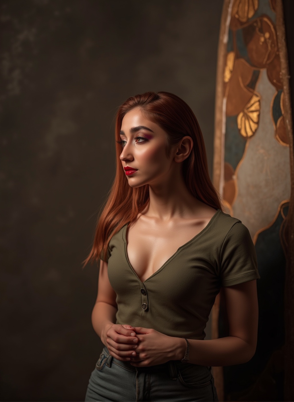 Indian beauty, sfw, cleavage,  masterpiece, high quality, hyper-realistic photography captured with the best camera, 3D, HDR, high definition, pore and detailed, intricate detailed, volumetric lights, cinematic lighting, vibrant color, cool actress, beautiful woman, 28 years old, sexy sfw, smirk, red hair, casual tight cotton clothing, hourglass body, luxury home,  wide hips, wide hips, wide hips, nice ass, thigh gap, crotch gap, crotch gap, photorealistic photo, huge size natural breasts, full body shot, head to thigh view, looking at viewer, (((thick, curvy body, big breasts))), fair smooth skin, in the style of jclive9988

cinematic angle, (cinematic shadows, bokeh, depth of field:1.3) , (High detail RAW Photo), (extremely detailed skin, photorealistic, heavy shadow, dramatic and cinematic lighting, key light, fill light), sharp focus, cinematic, imperfect skin, fabrics, textures, detailed face, detailed skin, detailed fingers, NaturalHand2-3500, analog film photo Deep photo,depth of field,ferrania p30 film,shadows, perfect face and body, dimly lit, nervous, harsh camera flash, faded film, desaturated, 35mm photo, grainy, Kodachrome, Lomography, stained, highly detailed, found footage,, (black hair,
A flapper girl stands poised in a smokey atmosphere, bathed in ethereal light that accentuates her stunning features. Her fair skin glows under cinematic lighting, as she gazes directly into the camera with perfect eyes and a beautiful nose. Her Drill Spring-inspired hairstyle is perfectly coiffed, framing her face. The background is a masterpiece of art deco design, with intricate details and complex patterns that seem to leap off the screen in hyper-maximalist fashion. The subject's full-body is dressed in elaborate attire, with detailed decoration and lines that exude opulence. In stunning HDR and UHD, this unreal engine creation pops with gorgeous light and shadow.,