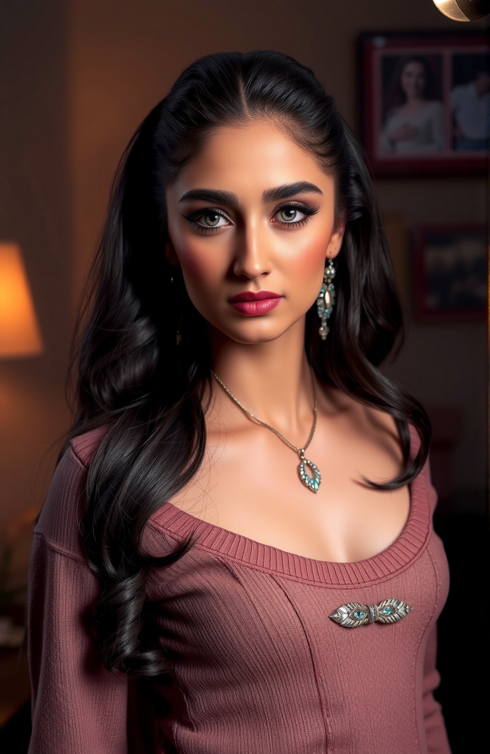 Indian beauty, sfw, cleavage, closeup view, masterpiece, high quality, hyper-realistic photography captured with the best camera, 3D, HDR, high definition, pore and detailed, intricate detailed, volumetric lights, cinematic lighting, vibrant color, cool actress, beautiful woman, 25 years old, sexy sfw, smirk, red hair, casual tight cotton clothing, hourglass body, luxury home,  wide hips, wide hips, wide hips, nice ass, thigh gap, crotch gap, crotch gap, photorealistic photo, huge size natural breasts, full body shot, head to thigh view, looking at viewer, (((thick, curvy body, big breasts))), 

A beautiful women, cinematic angle, (cinematic shadows, bokeh, depth of field:1.3) , (High detail RAW Photo), (extremely detailed skin, midriff exposed, navel, cleavage, sexy, photorealistic, heavy shadow, dramatic and cinematic lighting, key light, fill light), sharp focus, cinematic, imperfect skin, fabrics, textures, detailed face, detailed skin, detailed fingers, NaturalHand2-3500, analog film photo Deep photo,depth of field,ferrania p30 film,shadows, perfect face and body, dimly lit, nervous, harsh camera flash, faded film, desaturated, 35mm photo, grainy, Kodachrome, Lomography, stained, highly detailed, found footage,, (black hair,
A flapper girl stands poised in a smokey atmosphere, bathed in ethereal light that accentuates her stunning features. Her fair skin glows under cinematic lighting, as she gazes directly into the camera with perfect eyes and a beautiful nose. Her Drill Spring-inspired hairstyle is perfectly coiffed, framing her face. The background is a masterpiece of art deco design, with intricate details and complex patterns that seem to leap off the screen in hyper-maximalist fashion. The subject's full-body is dressed in elaborate attire, with detailed decoration and lines that exude opulence. In stunning HDR and UHD, this unreal engine creation pops with gorgeous light and shadow.,