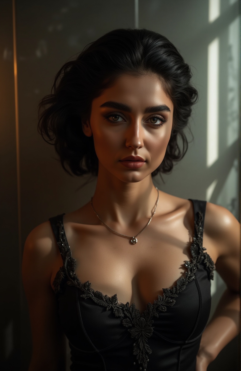A beautiful women, cinematic angle, (cinematic shadows, bokeh, depth of field:1.3) , (High detail RAW Photo), (extremely detailed skin, midriff exposed, navel, cleavage, sexy, photorealistic, heavy shadow, dramatic and cinematic lighting, key light, fill light), sharp focus, cinematic, imperfect skin, fabrics, textures, detailed face, detailed skin, detailed fingers, NaturalHand2-3500, analog film photo Deep photo,depth of field,ferrania p30 film,shadows, perfect face and body, dimly lit, nervous, harsh camera flash, faded film, desaturated, 35mm photo, grainy, Kodachrome, Lomography, stained, highly detailed, found footage,, (black hair,
A flapper girl stands poised in a smokey atmosphere, bathed in ethereal light that accentuates her stunning features. Her fair skin glows under cinematic lighting, as she gazes directly into the camera with perfect eyes and a beautiful nose. Her Drill Spring-inspired hairstyle is perfectly coiffed, framing her face. The background is a masterpiece of art deco design, with intricate details and complex patterns that seem to leap off the screen in hyper-maximalist fashion. The subject's full-body is dressed in elaborate attire, with detailed decoration and lines that exude opulence. In stunning HDR and UHD, this unreal engine creation pops with gorgeous light and shadow.,
