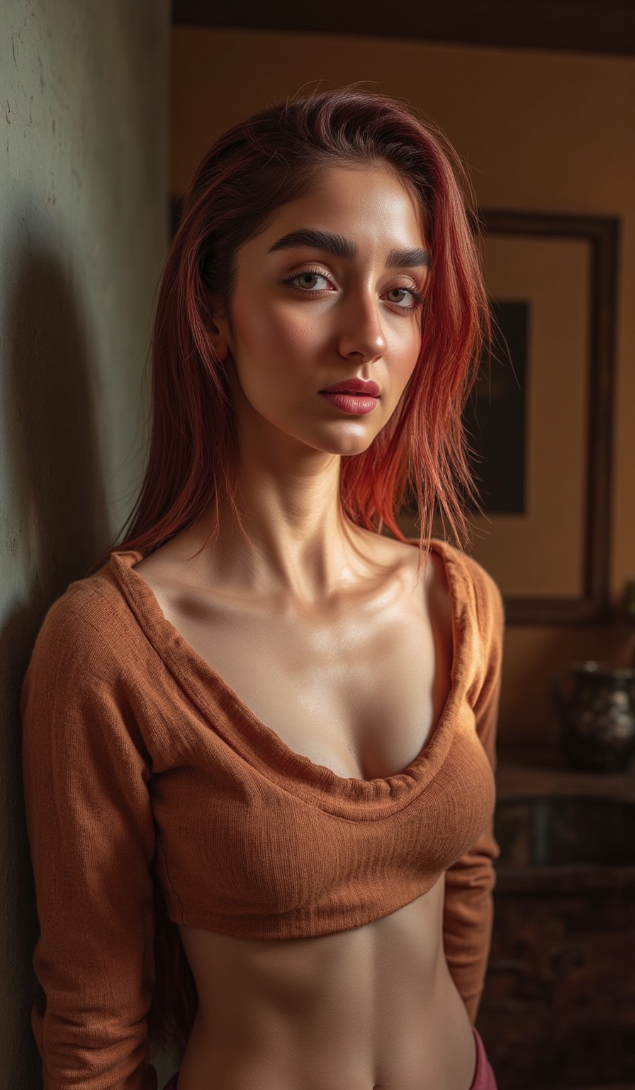 Mallu beauty, sfw, cleavage cutout:1, closeup view, masterpiece, high quality, Les cloth, navel, midriff exposed, hyper-realistic photography captured with the best camera, 3D, HDR, high definition, pore and detailed, intricate detailed, volumetric lights, cinematic lighting, vibrant color, cool actress, beautiful woman, 22 years old, sexy sfw, smirk, red hair, casual tight cotton clothing, hourglass body, luxury home,  wide hips, wide hips, wide hips, nice ass, thigh gap, crotch gap, crotch gap, photorealistic photo, huge size natural breasts, full body shot, head to thigh view, looking at viewer, (((thick, curvy body, big breasts))), fair smooth skin, in the style of jclive9988