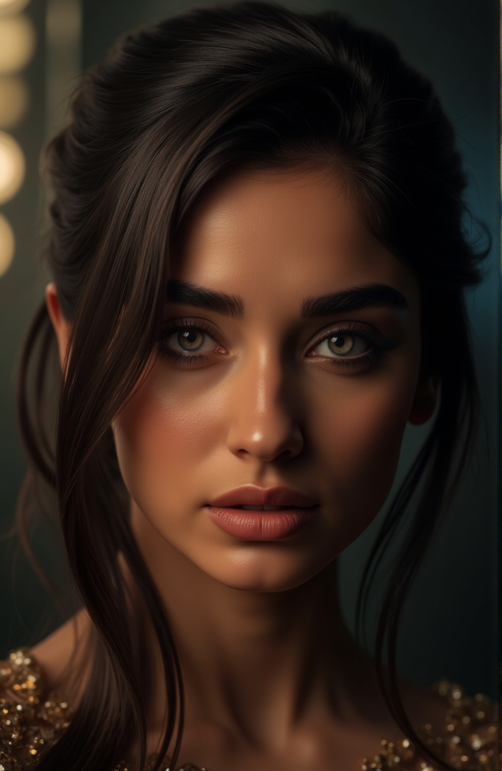 A beautiful women, cinematic angle, (cinematic shadows, bokeh, depth of field:1.3) , (High detail RAW Photo), (extremely detailed skin, photorealistic, heavy shadow, dramatic and cinematic lighting, key light, fill light), sharp focus, cinematic, imperfect skin, fabrics, textures, detailed face, detailed skin, detailed fingers, NaturalHand2-3500, analog film photo Deep photo,depth of field,ferrania p30 film,shadows, perfect face and body, dimly lit, nervous, harsh camera flash, faded film, desaturated, 35mm photo, grainy, Kodachrome, Lomography, stained, highly detailed, found footage,, (black hair,
A flapper girl stands poised in a smokey atmosphere, bathed in ethereal light that accentuates her stunning features. Her fair skin glows under cinematic lighting, as she gazes directly into the camera with perfect eyes and a beautiful nose. Her Drill Spring-inspired hairstyle is perfectly coiffed, framing her face. The background is a masterpiece of art deco design, with intricate details and complex patterns that seem to leap off the screen in hyper-maximalist fashion. The subject's full-body is dressed in elaborate attire, with detailed decoration and lines that exude opulence. In stunning HDR and UHD, this unreal engine creation pops with gorgeous light and shadow.,