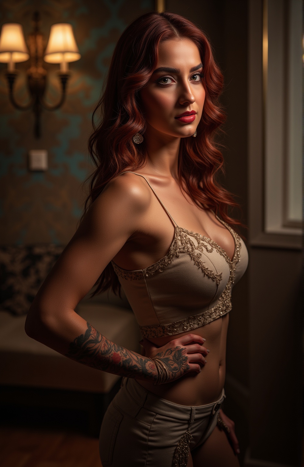 Indian beauty, sfw, cleavage, closeup view, masterpiece, high quality, hyper-realistic photography captured with the best camera, 3D, HDR, high definition, pore and detailed, intricate detailed, volumetric lights, cinematic lighting, vibrant color, cool actress, beautiful woman, 45 years old, sexy sfw, smirk, red hair, casual tight cotton clothing, hourglass body, luxury home,  wide hips, wide hips, wide hips, nice ass, thigh gap, crotch gap, crotch gap, photorealistic photo, huge size natural breasts, full body shot, head to thigh view, looking at viewer, (((thick, curvy body, big breasts))), 

A beautiful women, cinematic angle, (cinematic shadows, bokeh, depth of field:1.3) , (High detail RAW Photo), (extremely detailed skin, midriff exposed, navel, cleavage, sexy, photorealistic, heavy shadow, dramatic and cinematic lighting, key light, fill light), sharp focus, cinematic, imperfect skin, fabrics, textures, detailed face, detailed skin, detailed fingers, NaturalHand2-3500, analog film photo Deep photo,depth of field,ferrania p30 film,shadows, perfect face and body, dimly lit, nervous, harsh camera flash, faded film, desaturated, 35mm photo, grainy, Kodachrome, Lomography, stained, highly detailed, found footage,, (black hair,
A flapper girl stands poised in a smokey atmosphere, bathed in ethereal light that accentuates her stunning features. Her fair skin glows under cinematic lighting, as she gazes directly into the camera with perfect eyes and a beautiful nose. Her Drill Spring-inspired hairstyle is perfectly coiffed, framing her face. The background is a masterpiece of art deco design, with intricate details and complex patterns that seem to leap off the screen in hyper-maximalist fashion. The subject's full-body is dressed in elaborate attire, with detailed decoration and lines that exude opulence. In stunning HDR and UHD, this unreal engine creation pops with gorgeous light and shadow.,