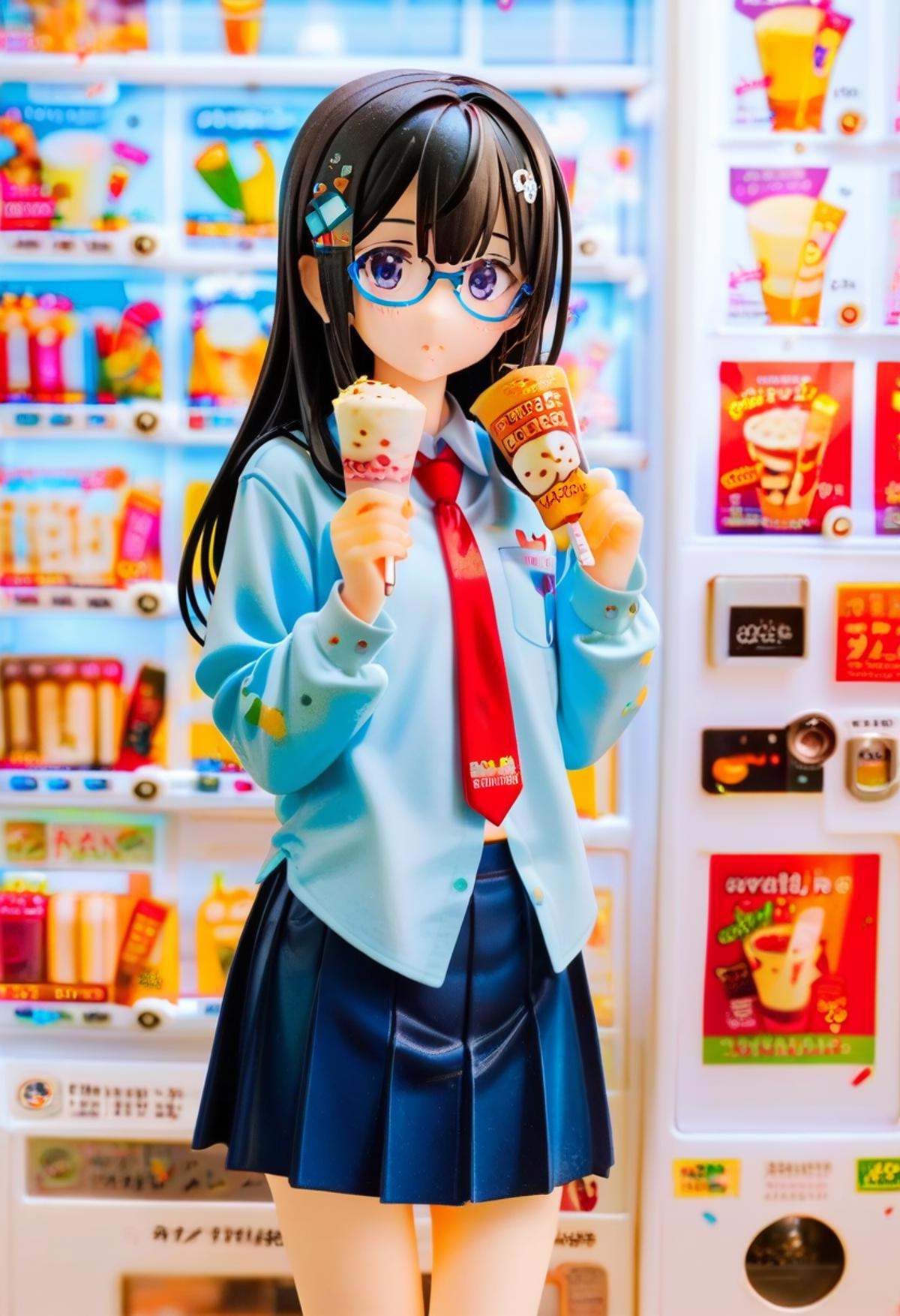 score_9, score_8_up, score_7_up, rating_safe, masterpiece, best quality, absurdres, unity 8k wallpaper, official art, official style, source_anime, uncensored, game cg, megami magazine,1girl, solo, glasses, black hair, long hair, blue eyes, collared shirt, red necktie, pleated skirt, blue skirt, looking at viewer, blush, holding, hollding food, 17ice, vending machine, food, ice cream, still life, english text, scenery, <lora:17ice_PONY_V1:1>