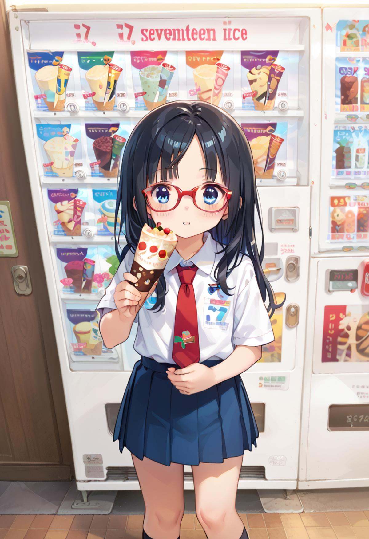 score_9, score_8_up, score_7_up, rating_safe, masterpiece, best quality, absurdres, unity 8k wallpaper, official art, official style, source_anime, uncensored, game cg, megami magazine,1girl, solo, glasses, black hair, long hair, blue eyes, collared shirt, red necktie, pleated skirt, blue skirt, looking at viewer, blush, holding, hollding food, 17ice, vending machine, food, ice cream, still life, english text, scenery, <lora:17ice_PONY_V1:1>