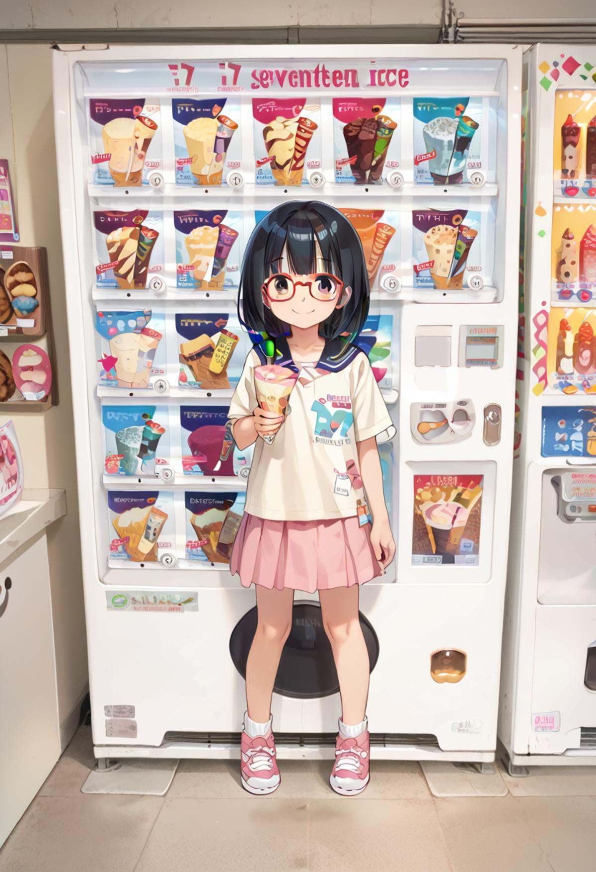score_9, score_8_up, score_7_up, rating_safe, masterpiece, best quality, absurdres, unity 8k wallpaper, official art, official style, source_anime, uncensored, game cg, megami magazine,1girl, solo, glasses, black hair, medium hair, holding, hollding food, happy, smile, looking at viewer, shirt, skirt, 17ice, vending machine, food, ice cream, still life, english text, scenery, <lora:17ice_PONY_V1:1>
