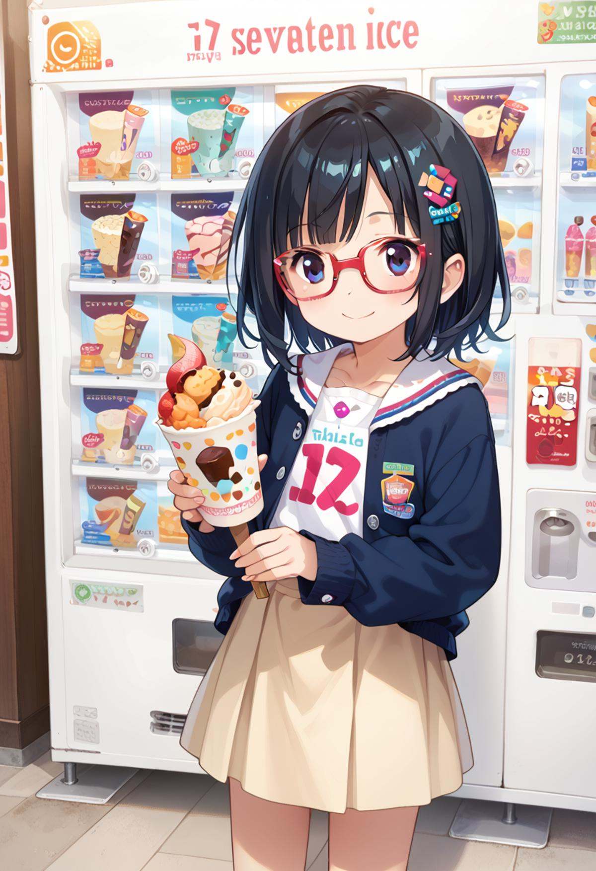score_9, score_8_up, score_7_up, rating_safe, masterpiece, best quality, absurdres, unity 8k wallpaper, official art, official style, source_anime, uncensored, game cg, megami magazine,1girl, solo, glasses, black hair, medium hair, holding, hollding food, happy, smile, looking at viewer, shirt, skirt, 17ice, vending machine, food, ice cream, still life, english text, scenery, <lora:17ice_PONY_V1:0.8>