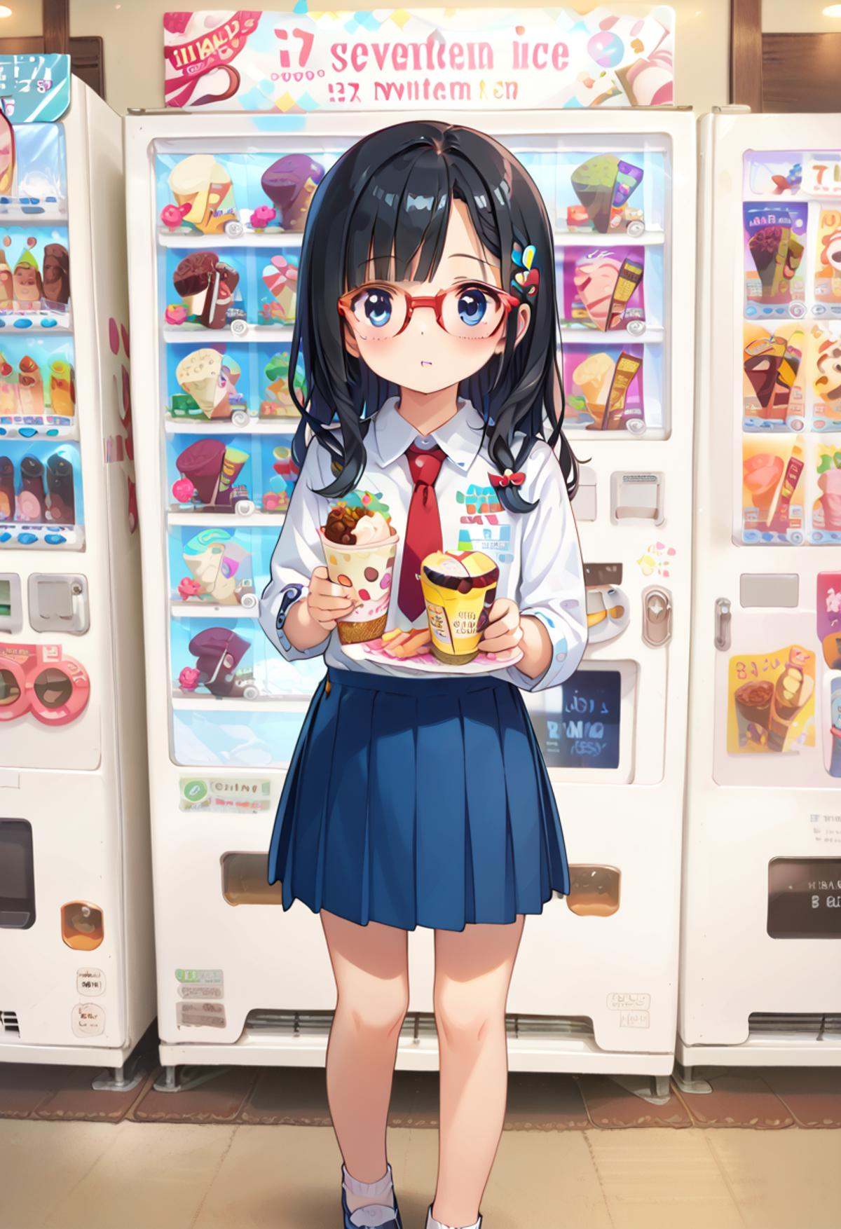 score_9, score_8_up, score_7_up, rating_safe, masterpiece, best quality, absurdres, unity 8k wallpaper, official art, official style, source_anime, uncensored, game cg, megami magazine,1girl, solo, glasses, black hair, long hair, blue eyes, collared shirt, red necktie, pleated skirt, blue skirt, looking at viewer, blush, holding, hollding food, 17ice, vending machine, food, ice cream, still life, english text, scenery, <lora:17ice_PONY_V1:1>
