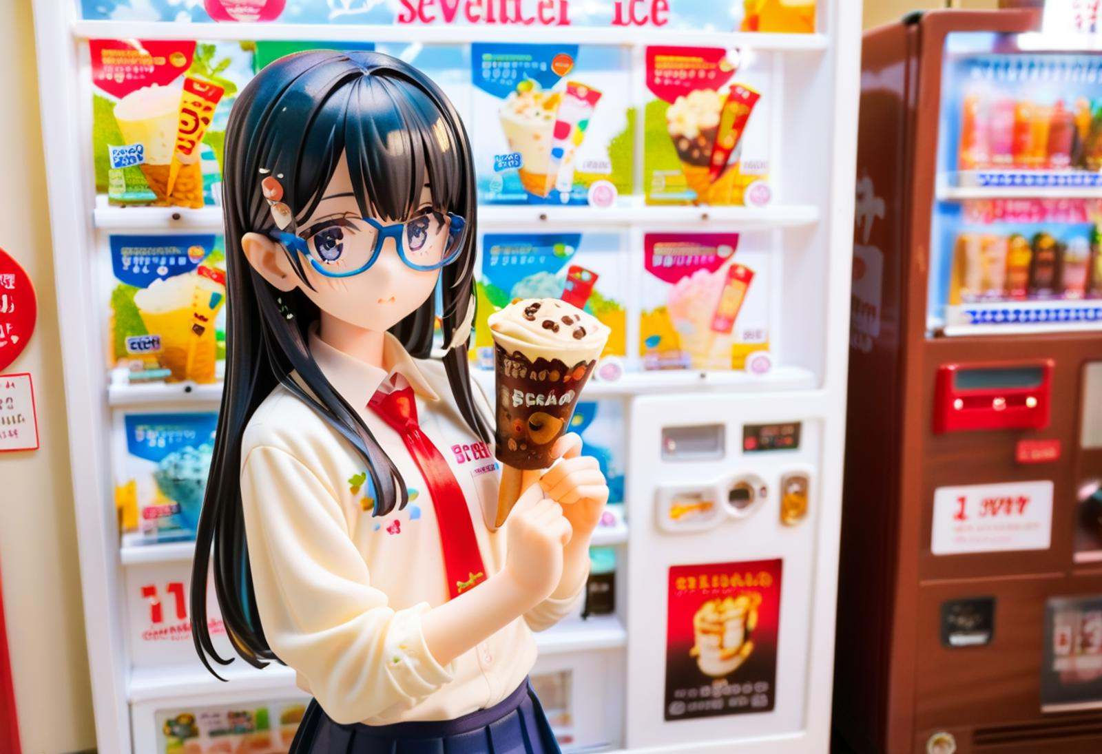 score_9, score_8_up, score_7_up, rating_safe, masterpiece, best quality, absurdres, unity 8k wallpaper, official art, official style, source_anime, uncensored, game cg, megami magazine,1girl, solo, glasses, black hair, long hair, blue eyes, collared shirt, red necktie, pleated skirt, blue skirt, looking at viewer, blush, holding, hollding food, 17ice, vending machine, food, ice cream, still life, english text, scenery, <lora:17ice_PONY_V1:0.8>