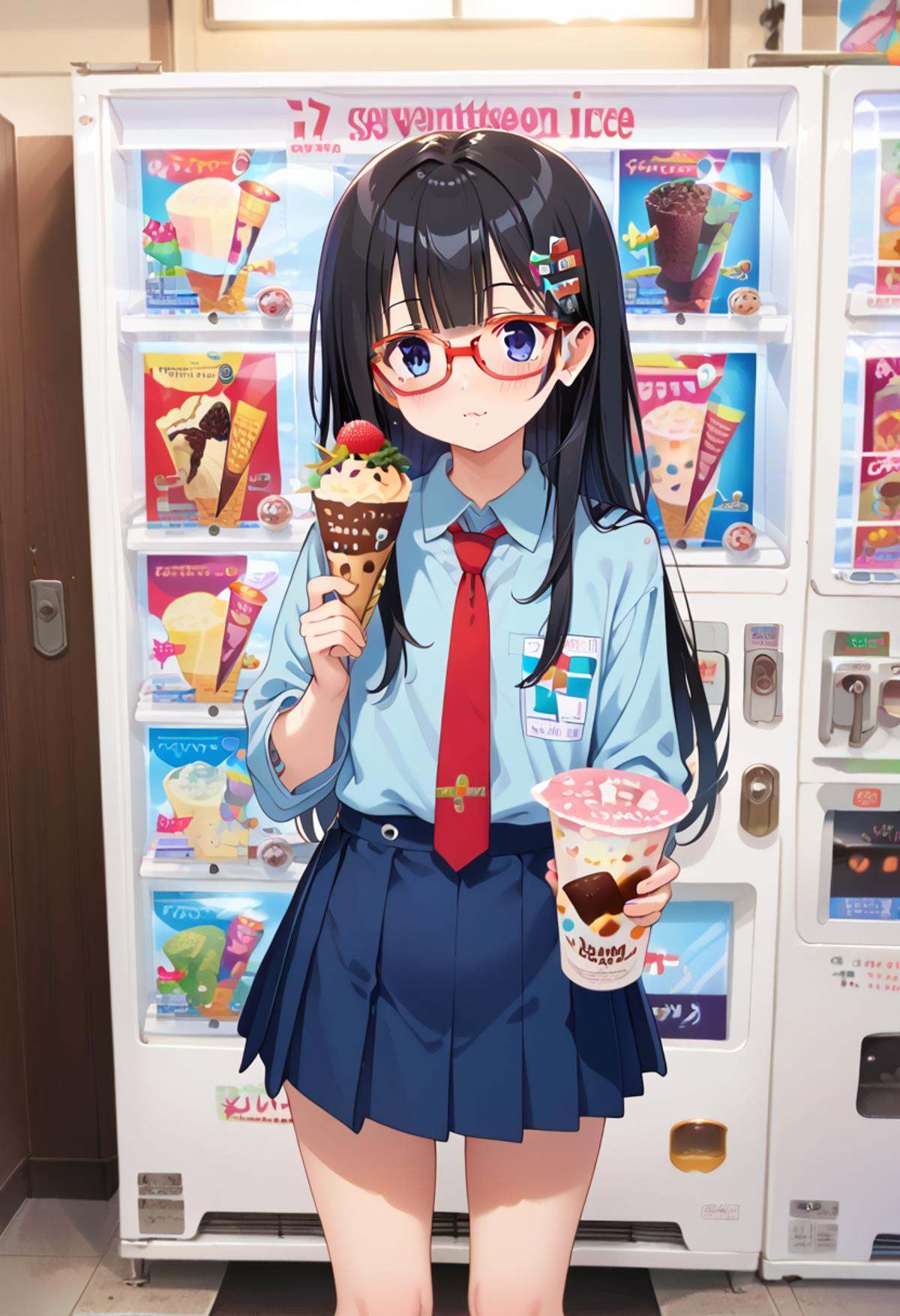 score_9, score_8_up, score_7_up, rating_safe, masterpiece, best quality, absurdres, unity 8k wallpaper, official art, official style, source_anime, uncensored, game cg, megami magazine,1girl, solo, glasses, black hair, long hair, blue eyes, collared shirt, red necktie, pleated skirt, blue skirt, looking at viewer, blush, holding, hollding food, 17ice, vending machine, food, ice cream, still life, english text, scenery, <lora:17ice_PONY_V1:1>