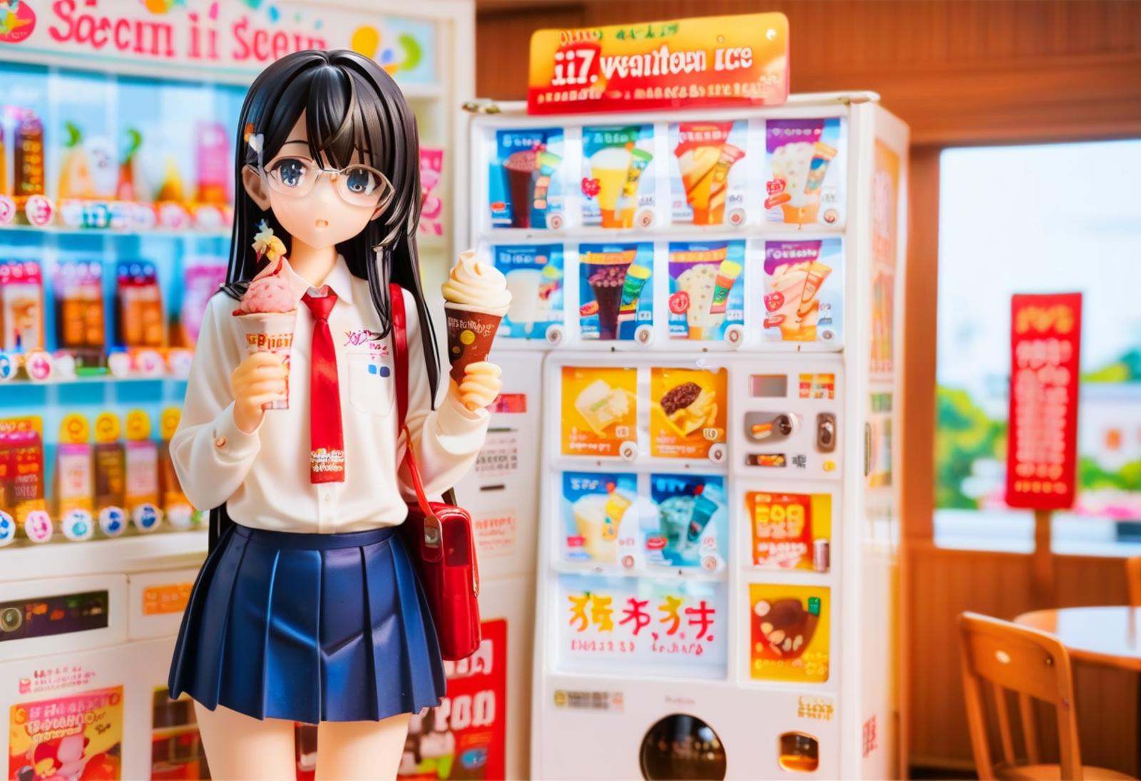 score_9, score_8_up, score_7_up, rating_safe, masterpiece, best quality, absurdres, unity 8k wallpaper, official art, official style, source_anime, uncensored, game cg, megami magazine,1girl, solo, glasses, black hair, long hair, blue eyes, collared shirt, red necktie, pleated skirt, blue skirt, looking at viewer, blush, holding, hollding food, 17ice, vending machine, food, ice cream, still life, english text, scenery, <lora:17ice_PONY_V1:0.8>