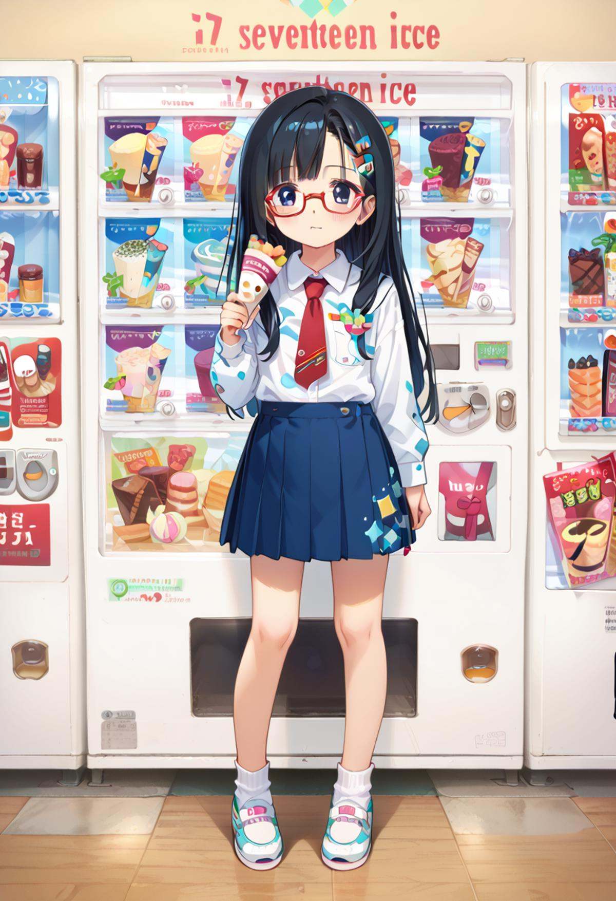 score_9, score_8_up, score_7_up, rating_safe, masterpiece, best quality, absurdres, unity 8k wallpaper, official art, official style, source_anime, uncensored, game cg, megami magazine,1girl, solo, glasses, black hair, long hair, blue eyes, collared shirt, red necktie, pleated skirt, blue skirt, looking at viewer, blush, holding, hollding food, 17ice, vending machine, food, ice cream, still life, english text, scenery, <lora:17ice_PONY_V1:1>