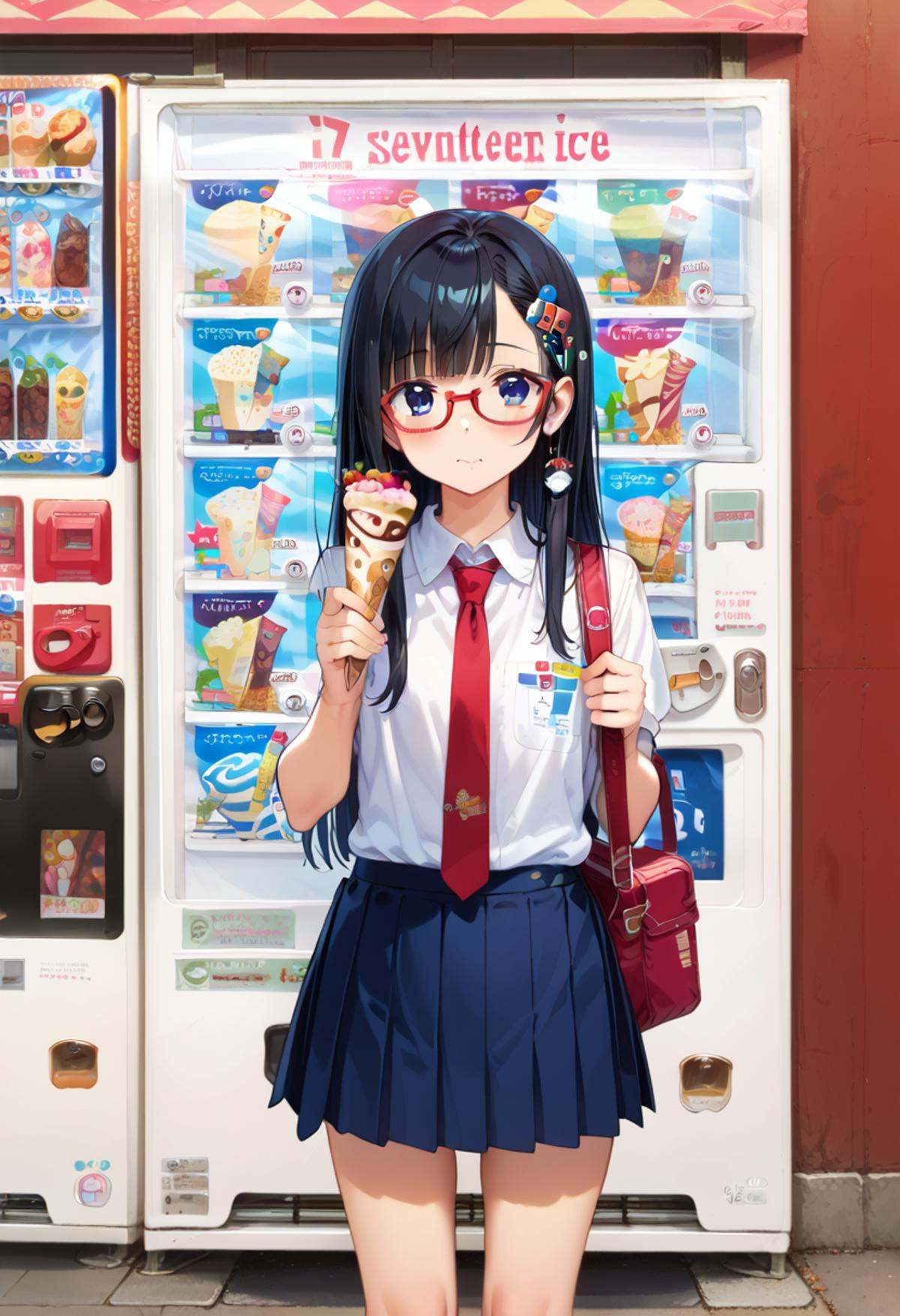 score_9, score_8_up, score_7_up, rating_safe, masterpiece, best quality, absurdres, unity 8k wallpaper, official art, official style, source_anime, uncensored, game cg, megami magazine,1girl, solo, glasses, black hair, long hair, blue eyes, collared shirt, red necktie, pleated skirt, blue skirt, looking at viewer, blush, holding, hollding food, 17ice, vending machine, food, ice cream, still life, english text, scenery, <lora:17ice_PONY_V1:1>