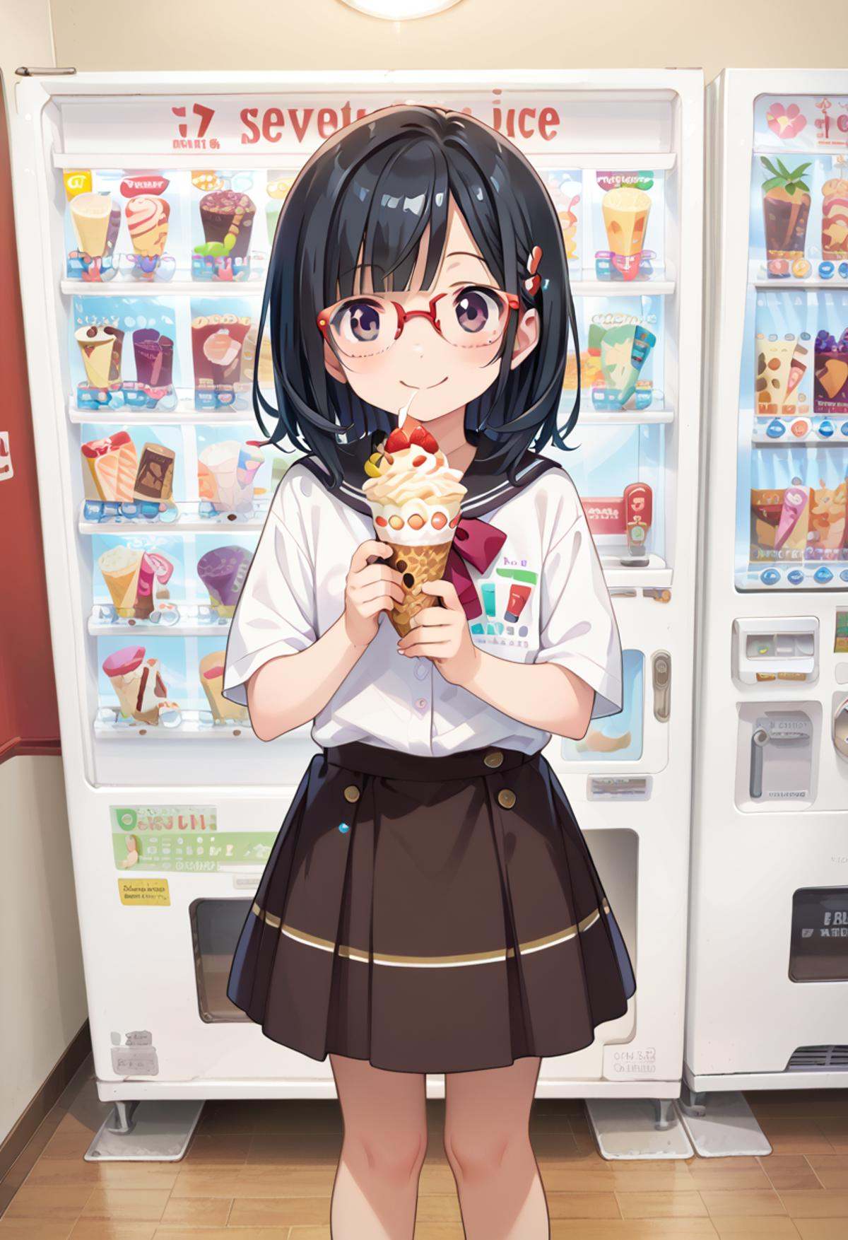 score_9, score_8_up, score_7_up, rating_safe, masterpiece, best quality, absurdres, unity 8k wallpaper, official art, official style, source_anime, uncensored, game cg, megami magazine,1girl, solo, glasses, black hair, medium hair, holding, hollding food, happy, smile, looking at viewer, shirt, skirt, 17ice, vending machine, food, ice cream, still life, english text, scenery, <lora:17ice_PONY_V1:0.8>
