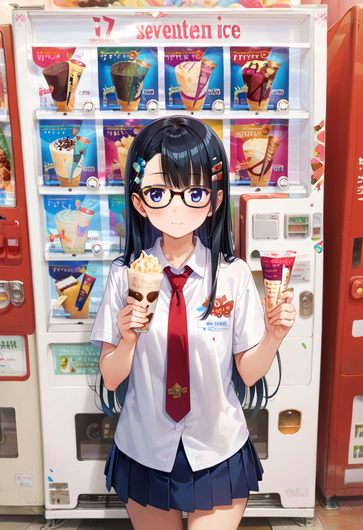 score_9, score_8_up, score_7_up, rating_safe, masterpiece, best quality, absurdres, unity 8k wallpaper, official art, official style, source_anime, uncensored, game cg, megami magazine,1girl, solo, glasses, black hair, long hair, blue eyes, collared shirt, red necktie, pleated skirt, blue skirt, looking at viewer, blush, holding, hollding food, 17ice, vending machine, food, ice cream, still life, english text, scenery, <lora:17ice_PONY_V1:1>