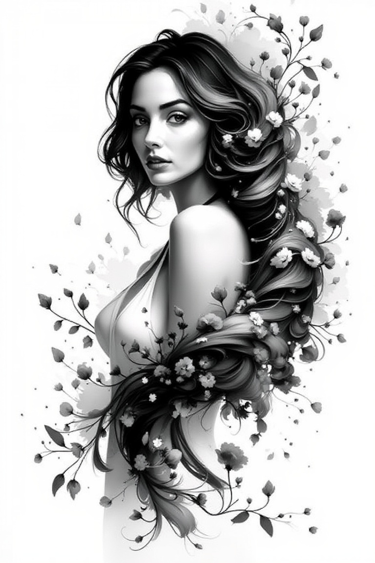 Very beautiful girl, elegant woman, ink droplets, ((monochrome: 1.2)), white background, ((masterpiece: 2)), medium shot, bare shoulders, looking at viewer, ((stunning image: 1.5)), Ink art style