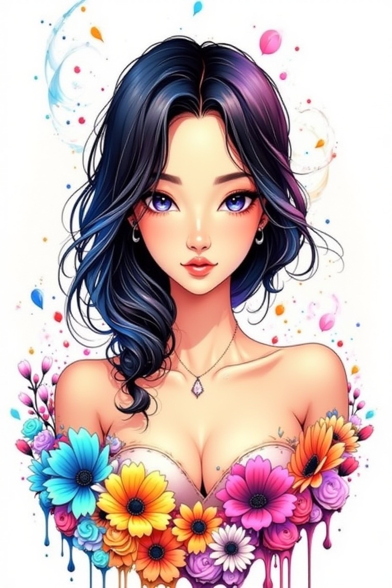 Very beautiful girl, anime girl, elegant woman, ink droplets, ((colorful: 1.2)), white background, ((masterpiece: 2)), medium shot, bare shoulders, looking at viewer, ((stunning image: 1.5)), Ink art style
