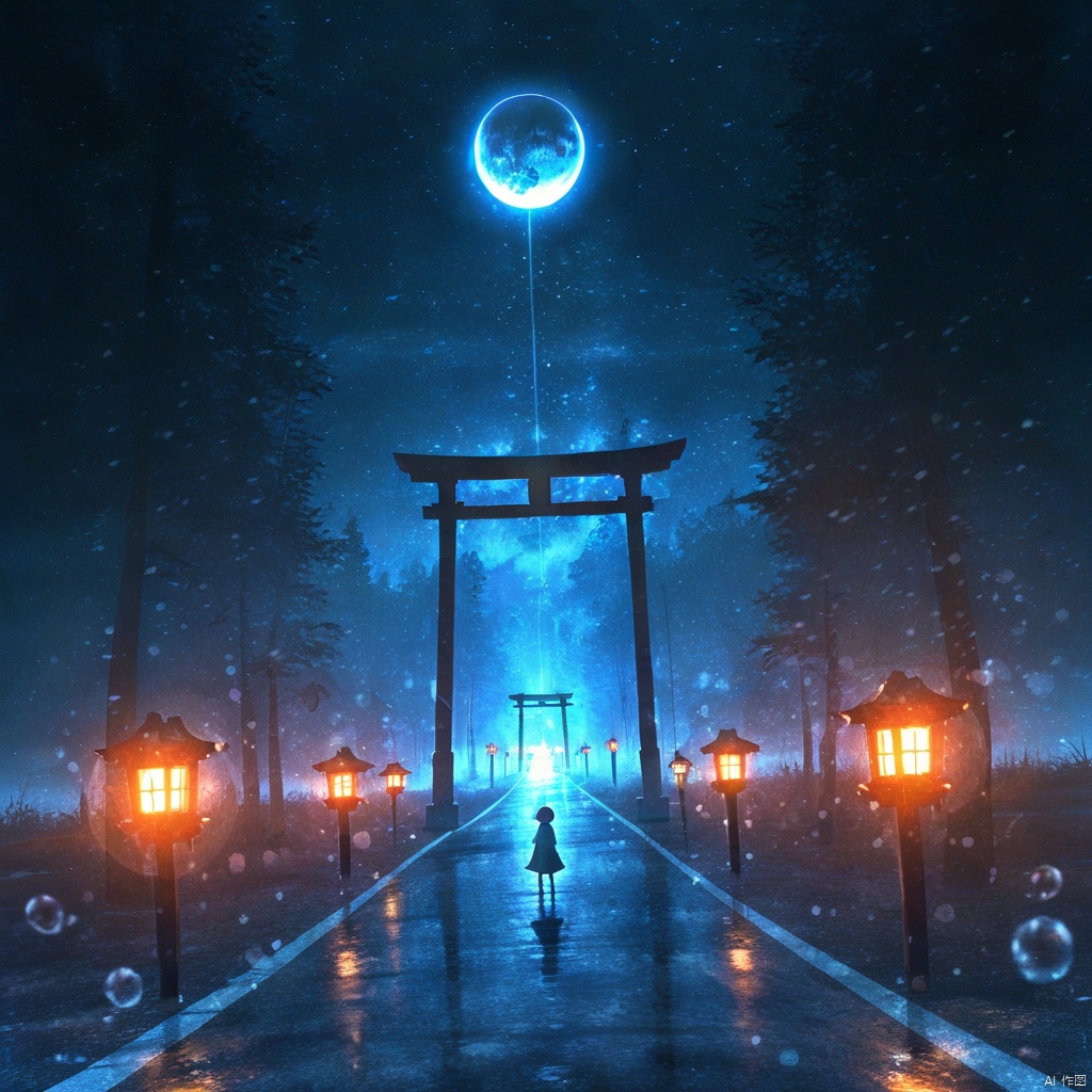 s-style, 剪影画, 空灵的氛围, 户外, 蓝色和橙色主题, 天空, 树, 没有人, 夜, 月亮, 星星（天空）, 夜空, 风景, 星空, 泡泡, 灯笼, 道路, 鸟居, 新月, 灯柱, 自然, 森林, 宁静而神秘的夜晚场景。一个女孩的剪影站在潮湿的小路上, 凝视着一轮巨大而发光的新月, 挂在鸟居门上方。月亮发出柔和的蓝色, 照亮周围地区, 道路两侧是传统的日本灯笼, 发出温暖的橙色光芒, 天空充满了星星和各种漂浮的颗粒或碎片, 怨恨和奇迹, 宁静, 神秘, 夜晚, 孤独的身影, 发光的新月, 鸟居门, 传统的日本灯笼, 潮湿的道路, 星星, 漂浮的颗粒或碎片