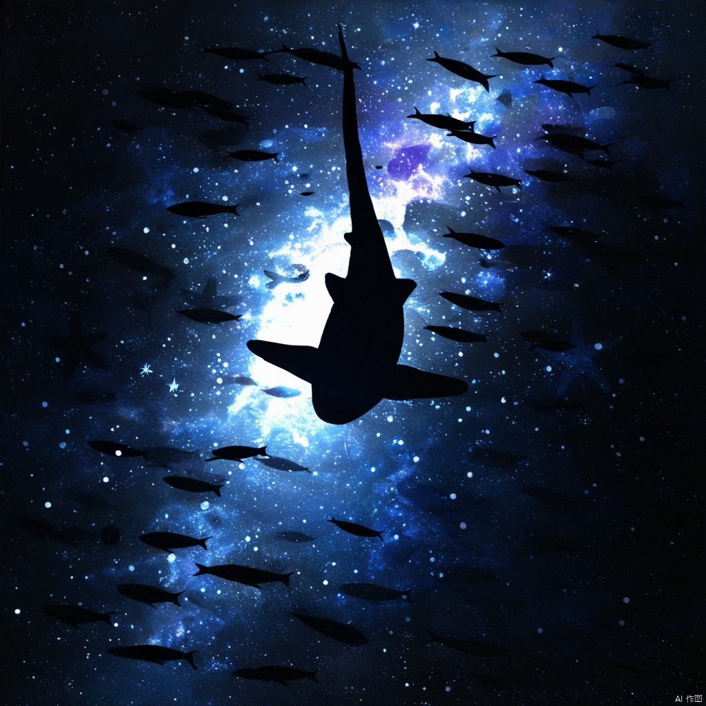 s-style, 剪影画, 空灵的氛围, 单色, 天空, 蓝色主题, 没有人类, 夜, 星星（天空）, 风景, 星空, 鱼, 剪影, 月亮, 鲨鱼的黑色剪影, 夜空, 鲨鱼正在广阔的空间中游泳。, 背景是宇宙场景, 是深蓝紫色和白色的充满活力的混合, 让人想起银河系或云层, 宇宙场景, 广阔的空间, 银河系或云层, 细长的身体, 尾巴, 发光, 奇迹, 宇宙