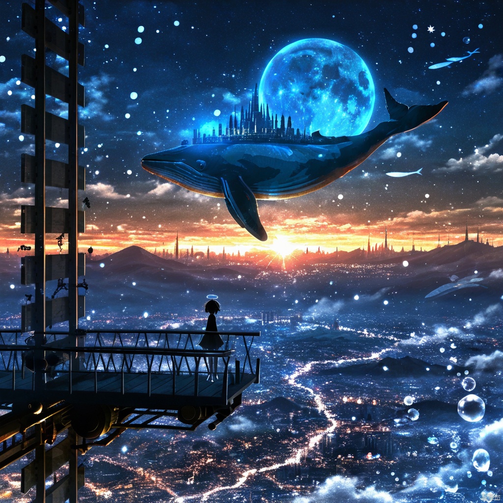 s-style, 剪影画, 空灵的氛围, 天空, 蓝色和橙色和黑暗主题, 明星（符号）, 没有人类, 夜, 建筑, 明星（天空）, 风景, 1girl, 城市灯光, 鲸鱼, 云, 月亮, 夜空, 星空, 鱼, 泡沫, 城市, 城市景观, 超现实, 超现实和未来派的夜间场景, 一个巨大的金属平台, 一个女孩的黑色轮廓站在上面, 凝视着下面的广阔天地, 平台很高, 似乎连接着一座又高又细的塔, 一条漂浮在天空中的巨大鲸鱼蓝色和橙色的轮廓, 它已变成一座漂浮的城市。这座城市装饰着各种结构, 包括圆顶和其他建筑奇迹, 下面的城市被无数的灯光照亮, 暗示着繁华的城市环境, 天空充满了星星和无数的天体, 包括一个大的明亮的月亮, 奇迹和神秘和敬畏, 平台, 塔, 圆顶, 建筑奇迹, 星星, 气氛