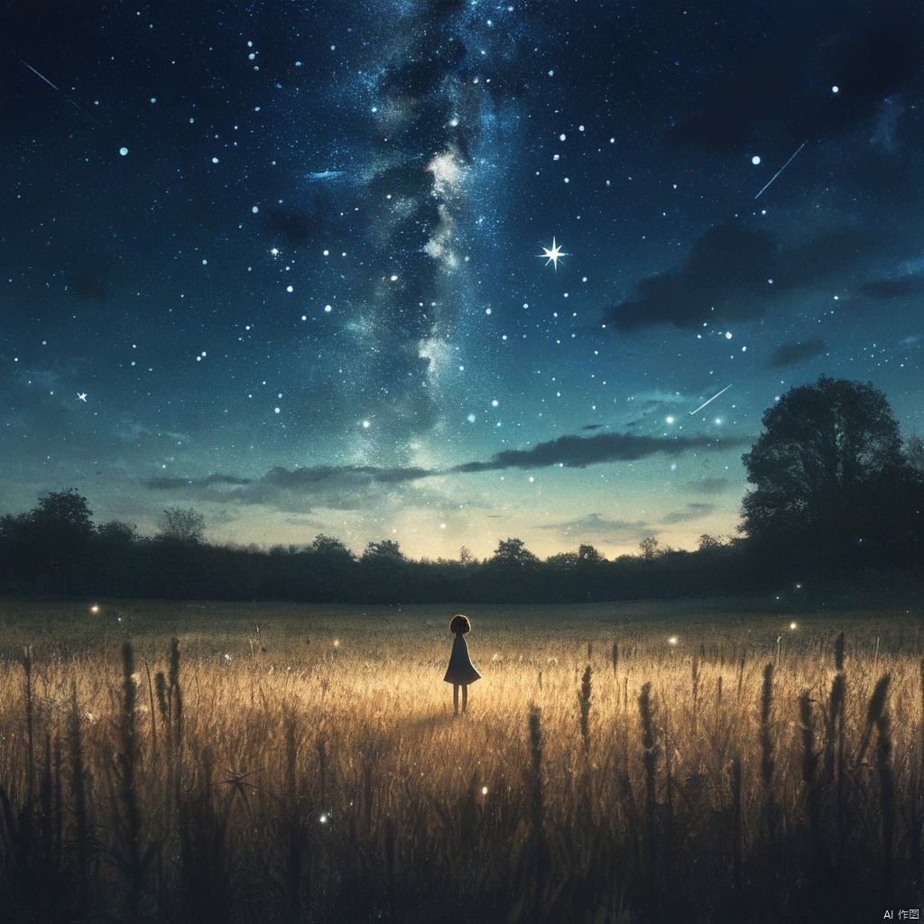 s-style, 剪影画,一个女孩站在田野上,晚上,夜空,群星璀璨