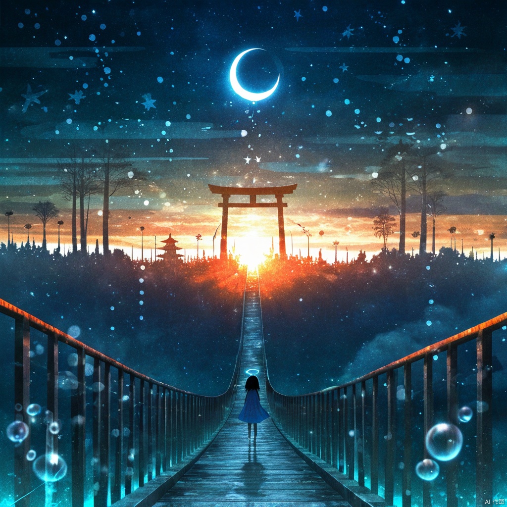 s-style, 剪影画, 空灵的氛围, 1girl, 青色和橙色主题, 独奏, 短发, 黑发, 连衣裙, 户外, 天空, 从后面, 树, 夜, 月亮, 星星（天空）, 风景, 星空, 泡泡, 楼梯, 剪影, 鸟ii, 月牙, 站立, 星星（象征）, 女孩的黑蓝色剪影, 光环, 栏杆, 超现实和空灵的风景。一个穿着蓝色连衣裙的长发女孩的黑色和蓝色轮廓, 站在一座似乎通向一座发光的超凡脱俗城市的桥上, 这座城市被日出的光芒照亮, 城市上方的建筑类似于传统的日本鸟居门, 新月被星星和天体包围, 天空被涂成蓝色, 紫色和橙色的色调, 日出, 梦幻般的氛围, 漂浮的球体和气泡增添了神奇的氛围