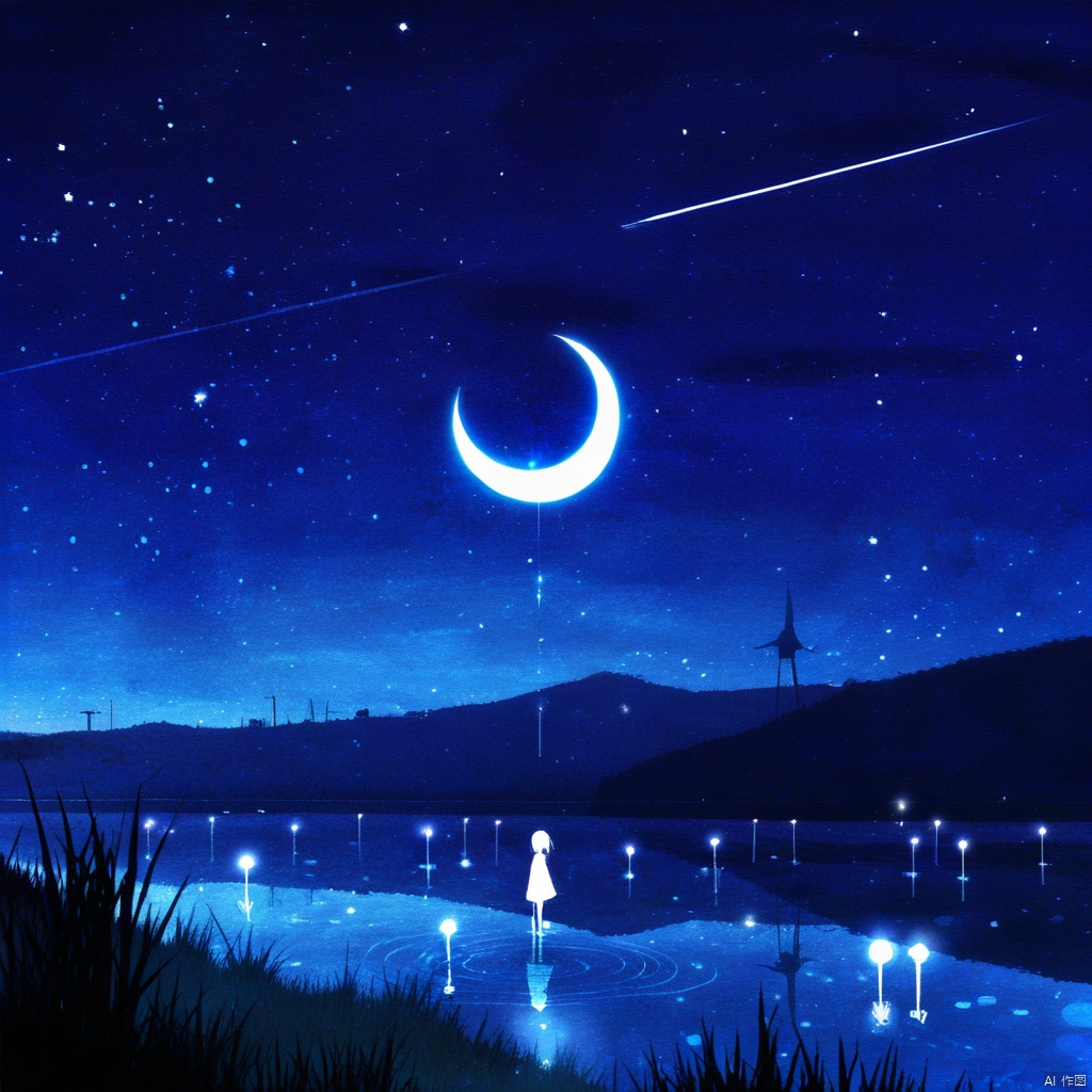 s-style, 剪影画, 空灵的氛围, 蓝色主题, 1girl, 独奏, 户外, 天空, 水, 没有人, 夜, 月亮, 草, 星星（天空）, 夜空, 风景, 星空, 地平线, 剪影, 月牙, (流星), 女孩的白色剪影, 宁静的夜间风景, 天空充满了星星, 有流星划过, 一轮发光的新月将其光芒反射在下面的水面上。水面上点缀着小灯, 右侧水边站着一个白色的女孩剪影, 整个场景被涂成深蓝色, 一种梦幻而宁静的氛围。星星, 灯光, 人, 画成深蓝色