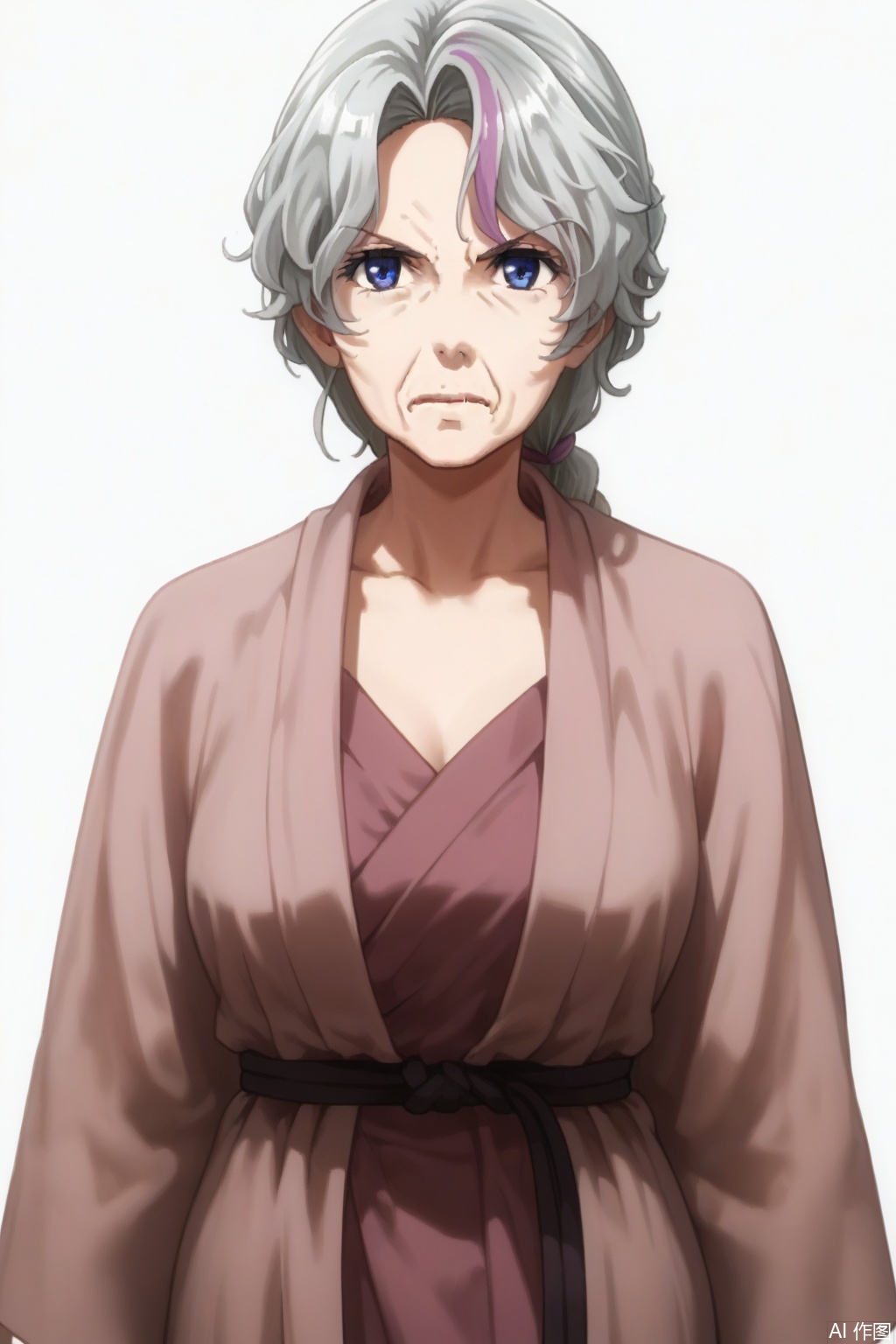 masterpiece, best quality,solo,((white background:1.2)),simple background,
looking at viewer,Tsuzuki Shifune,blue eyes, upper body, white hair, female focus, multicolored hair, frown, parody, robe, old, old woman