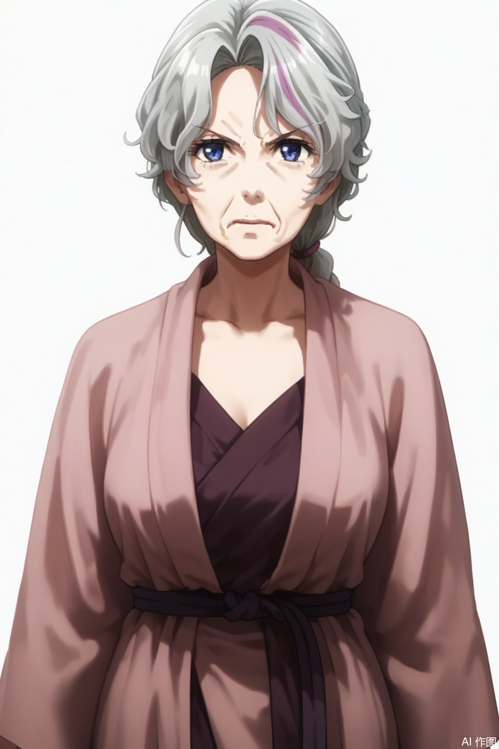 masterpiece, best quality,solo,((white background:1.2)),simple background,
looking at viewer,Tsuzuki Shifune,blue eyes, upper body, white hair, female focus, multicolored hair, frown, parody, robe, old, old woman