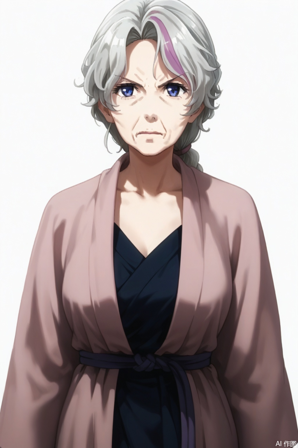 masterpiece, best quality,solo,((white background:1.2)),simple background,
looking at viewer,Tsuzuki Shifune,blue eyes, upper body, white hair, female focus, multicolored hair, frown, parody, robe, old, old woman