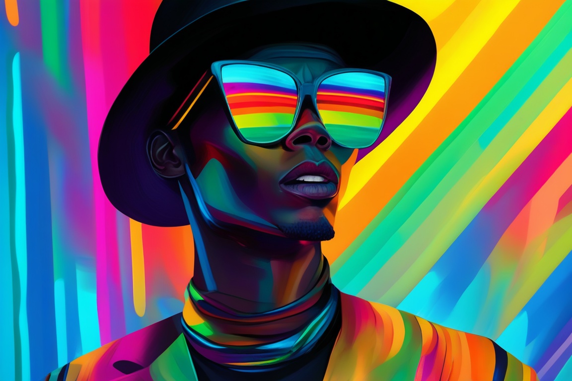 An artwork of a fashionable African American man wearing a black hat and colorful sunglasses,  with a vibrant rainbow-colo...