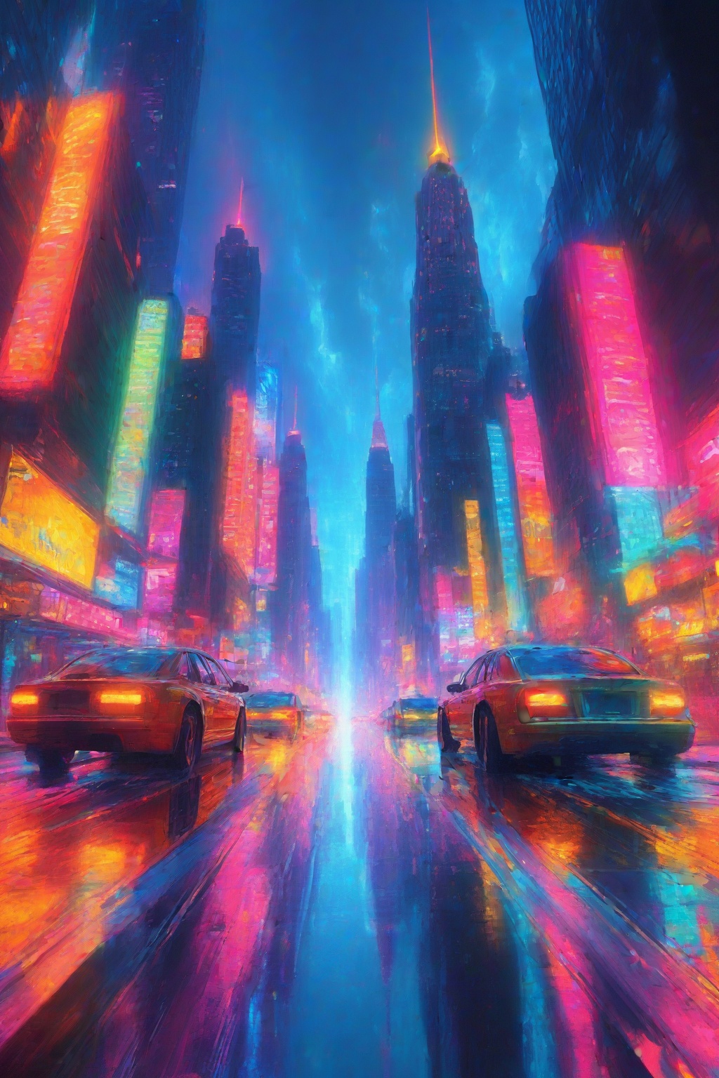 A futuristic cityscape at night,  neon lights reflecting on the wet pavement,  towering skyscrapers with holographic billb...