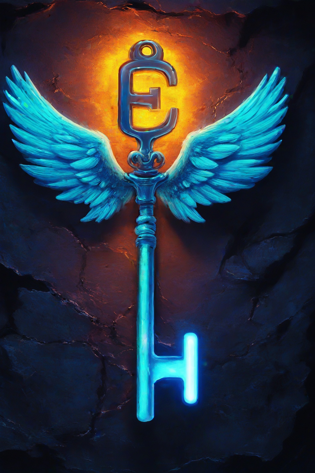 A winged key is placed on the wall of an underground cave. The key has colors that represent love and passion,  in a digit...