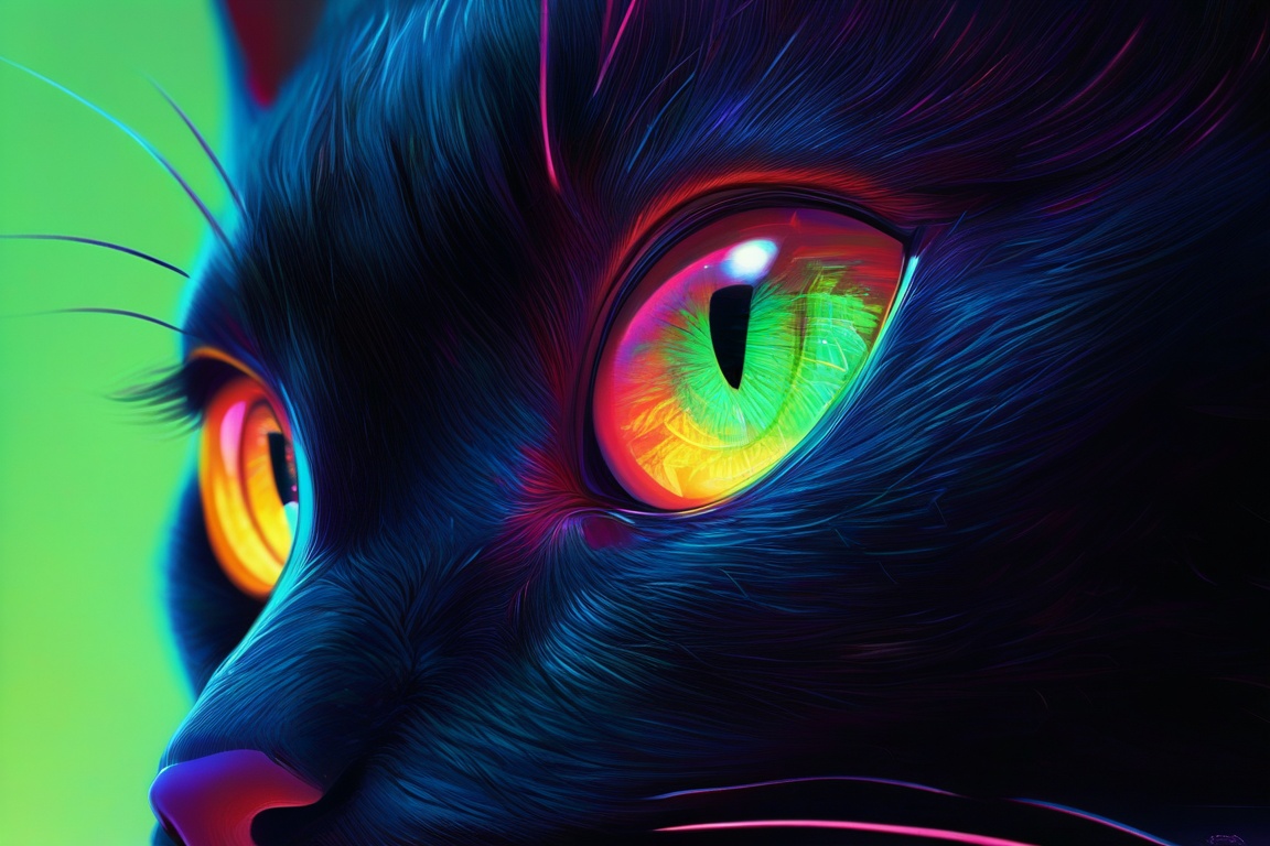 A close-up of the eye and nose of an iridescent black cat,  in the style of digital art,  with a dark green background on...