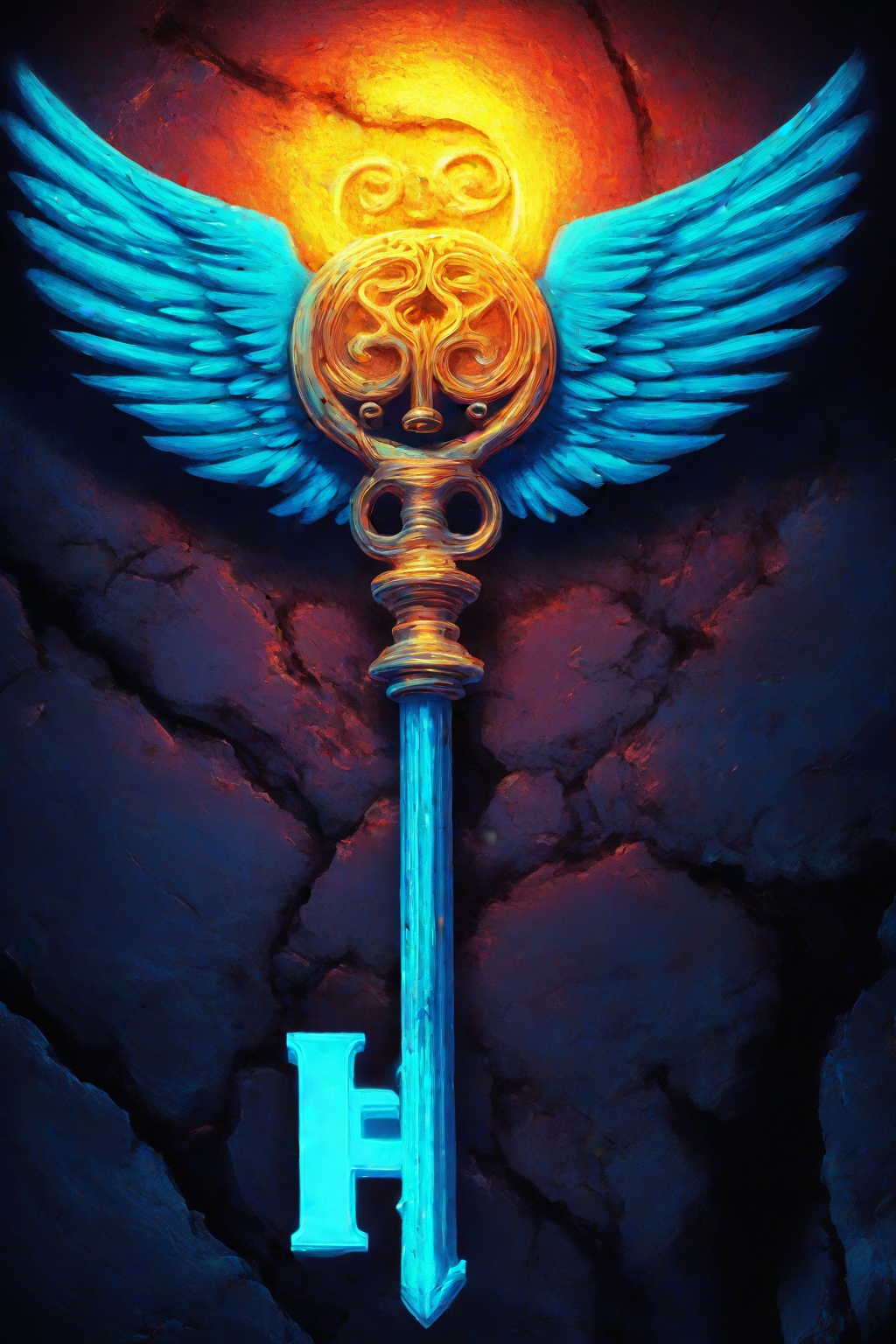 A winged key is placed on the wall of an underground cave. The key has colors that represent love and passion,  in a digit...