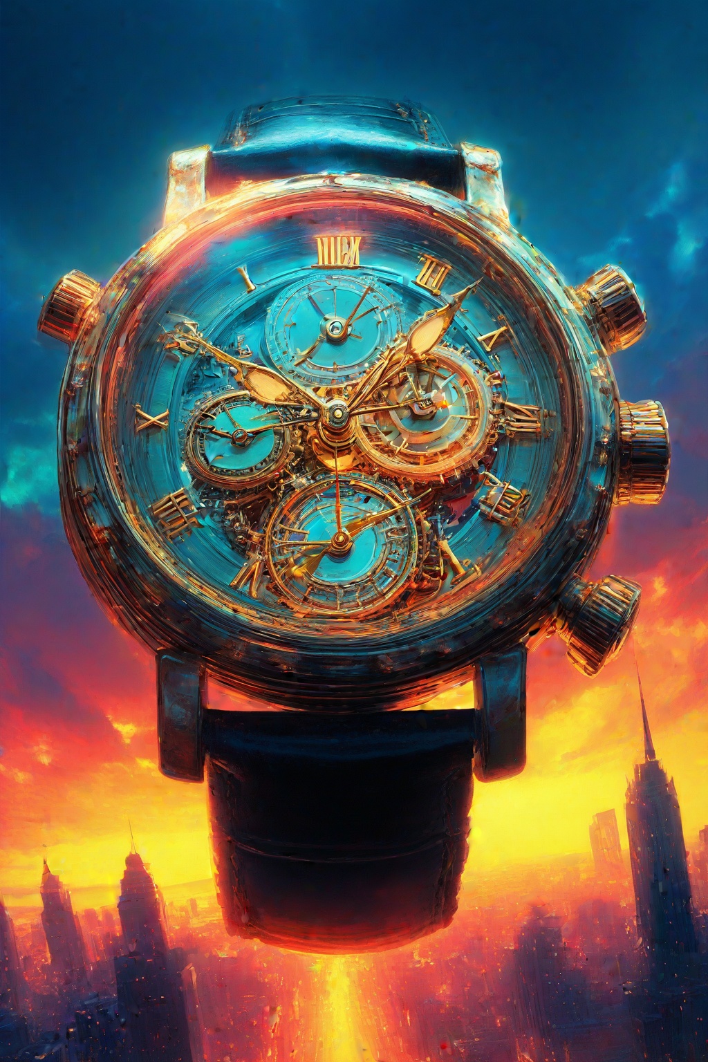 A watch with the time showing three o'clock,  and it has an intricate mechanical design on its face,  including gears on T...